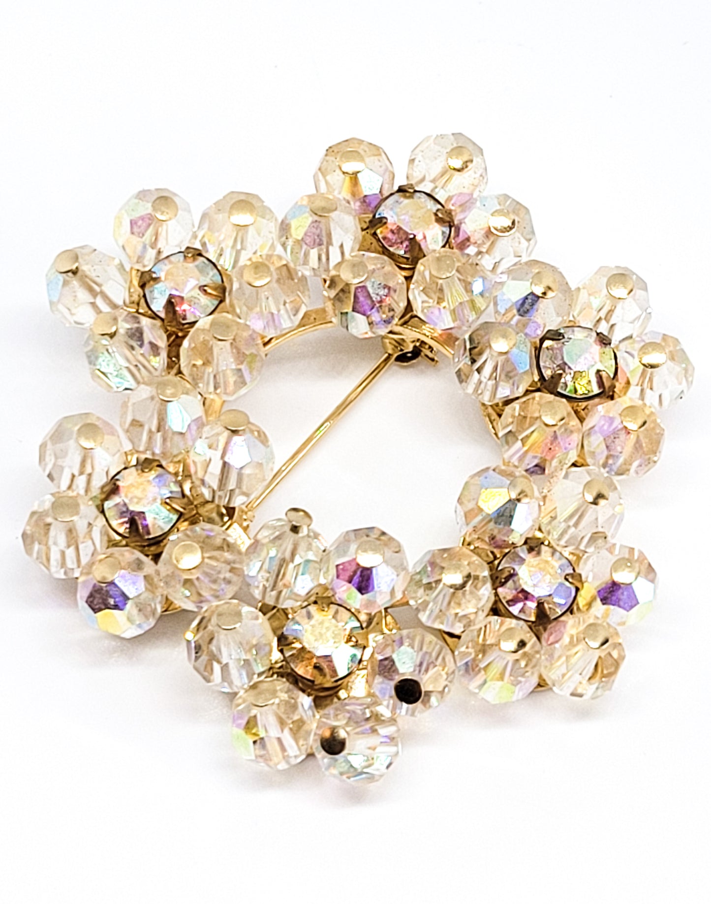 Austrian crystal flower Aurora borealis rhinestone vintage circle brooch Estate