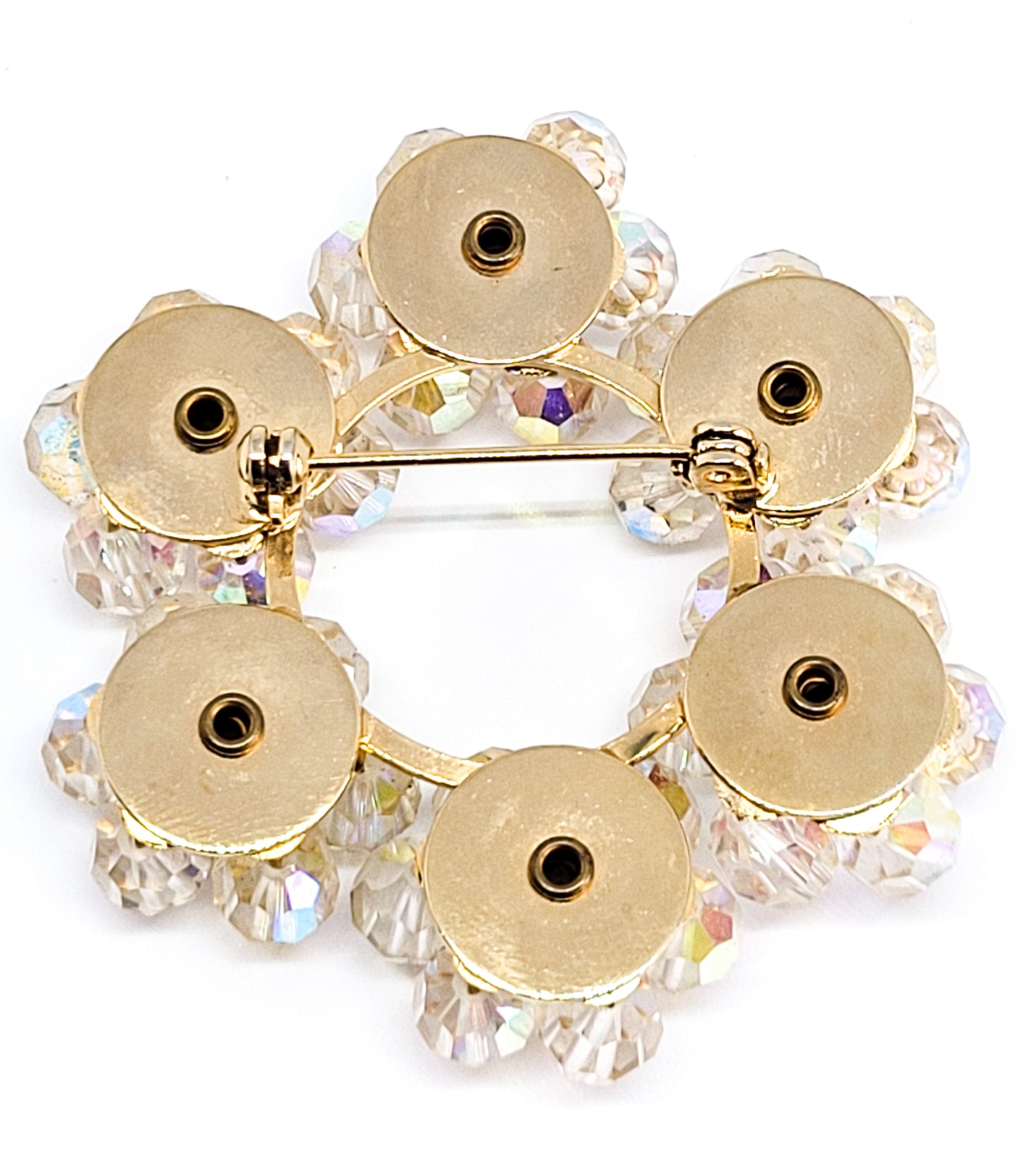 Austrian crystal flower Aurora borealis rhinestone vintage circle brooch Estate