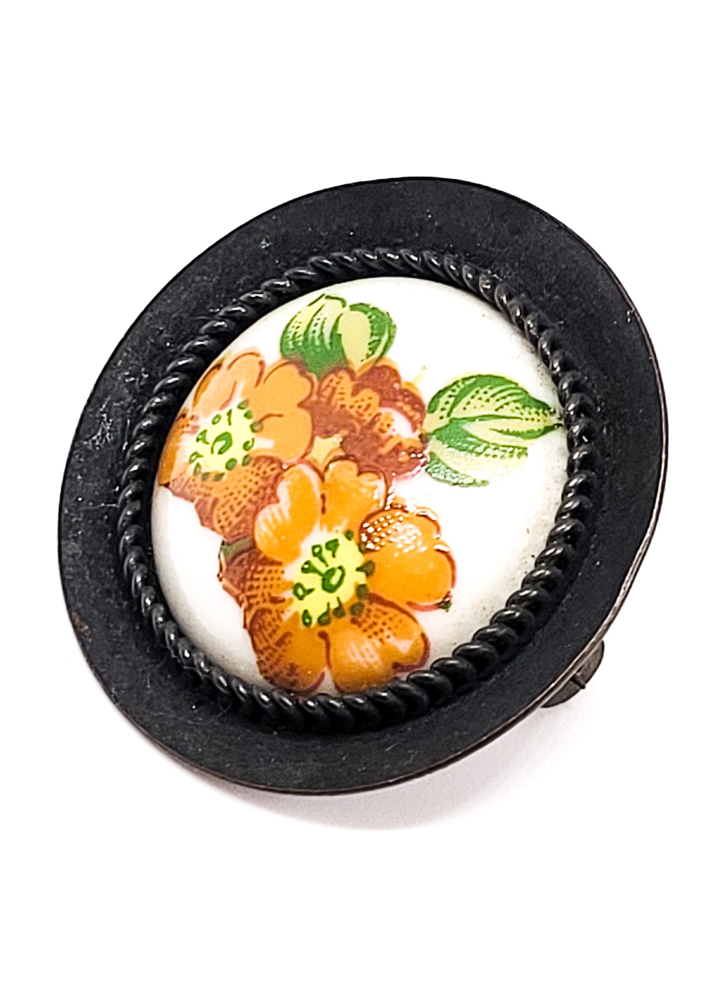 Retro painted porcelain orange poppy flowers japanned vintage brooch