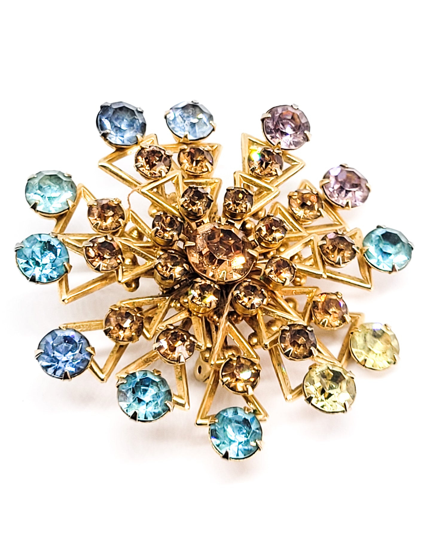 Carnival multi colored rhinestone mid century atomic brooch