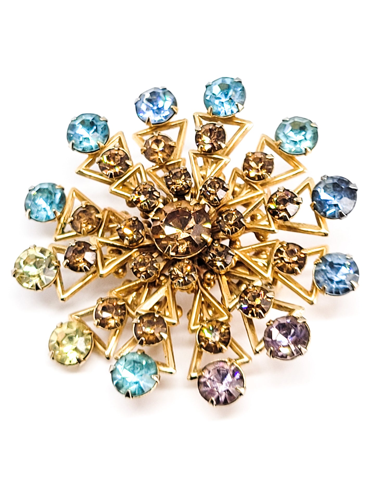 Carnival multi colored rhinestone mid century atomic brooch