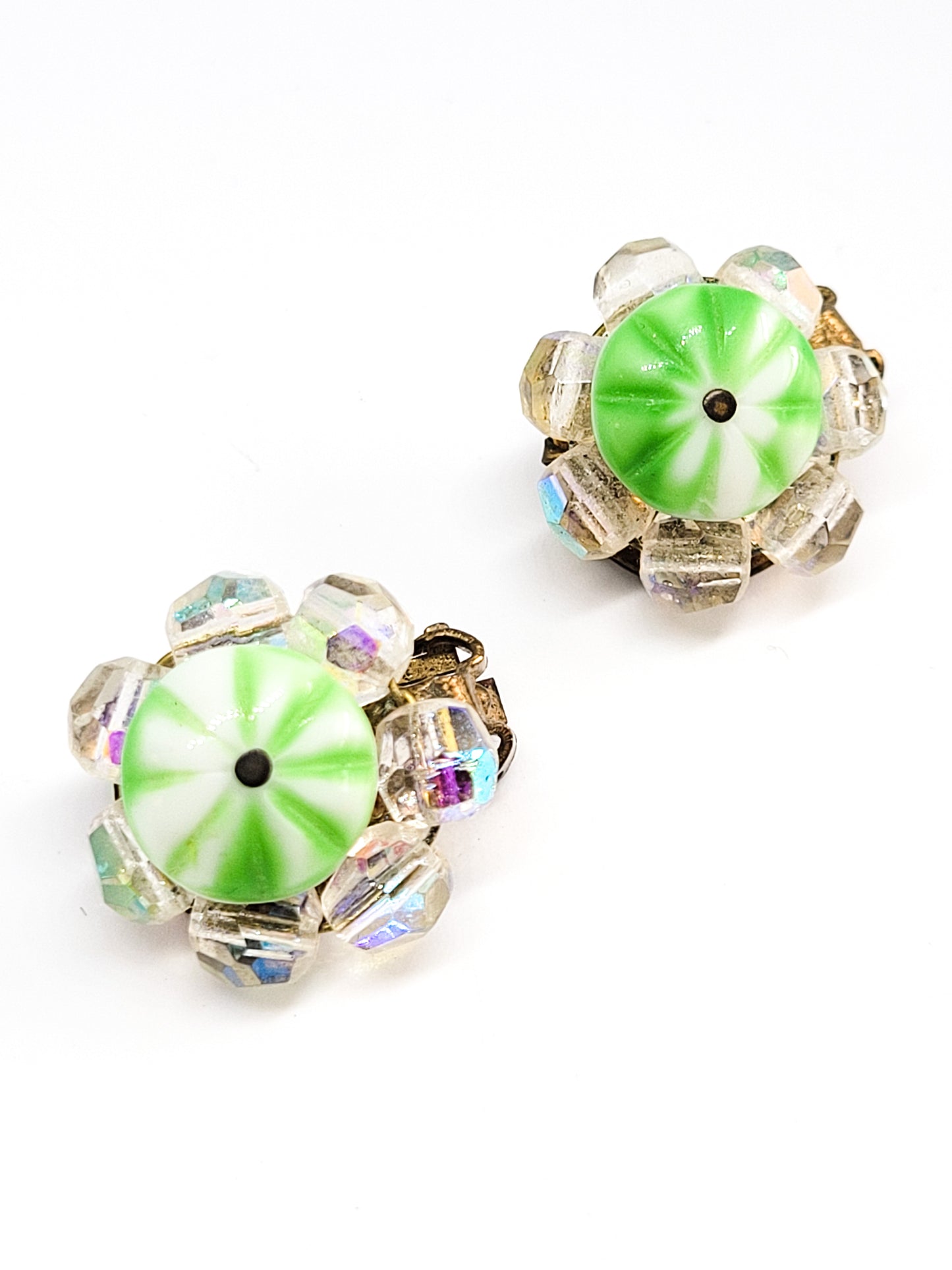 Green and white peppermint Czech glass crystal clip on vintage earrings