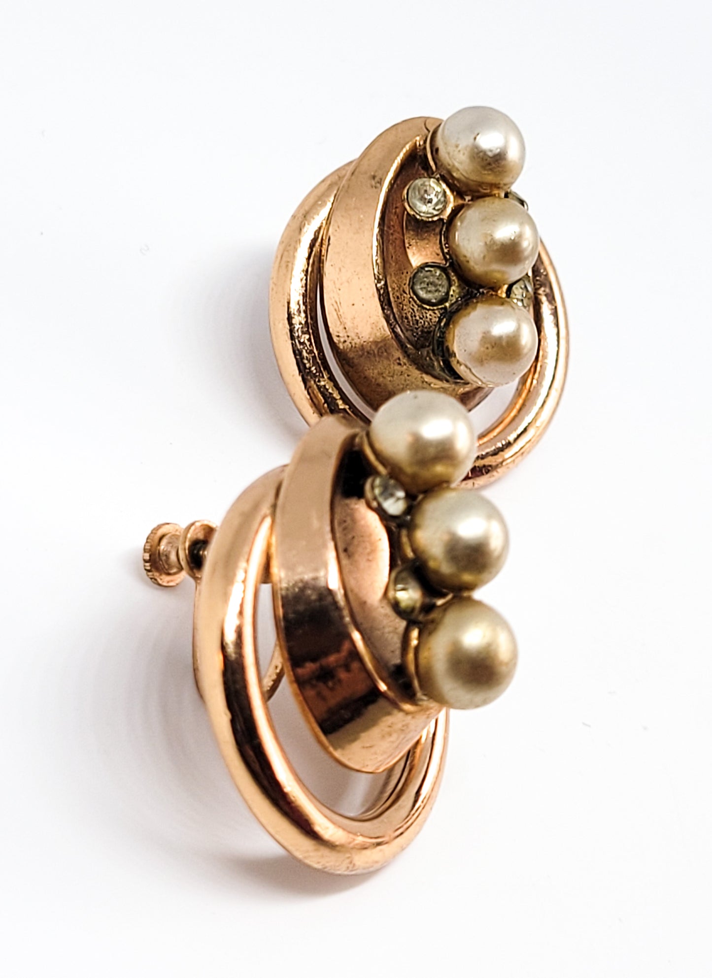 Gold filled faux pearl and rhinestone vintage hoops screw back earrings