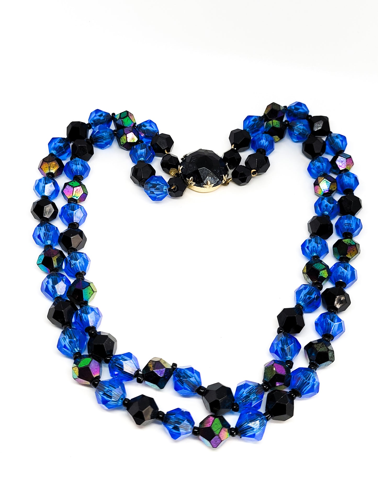 Oil slick blue and black vintage double tiered beaded necklace mid century