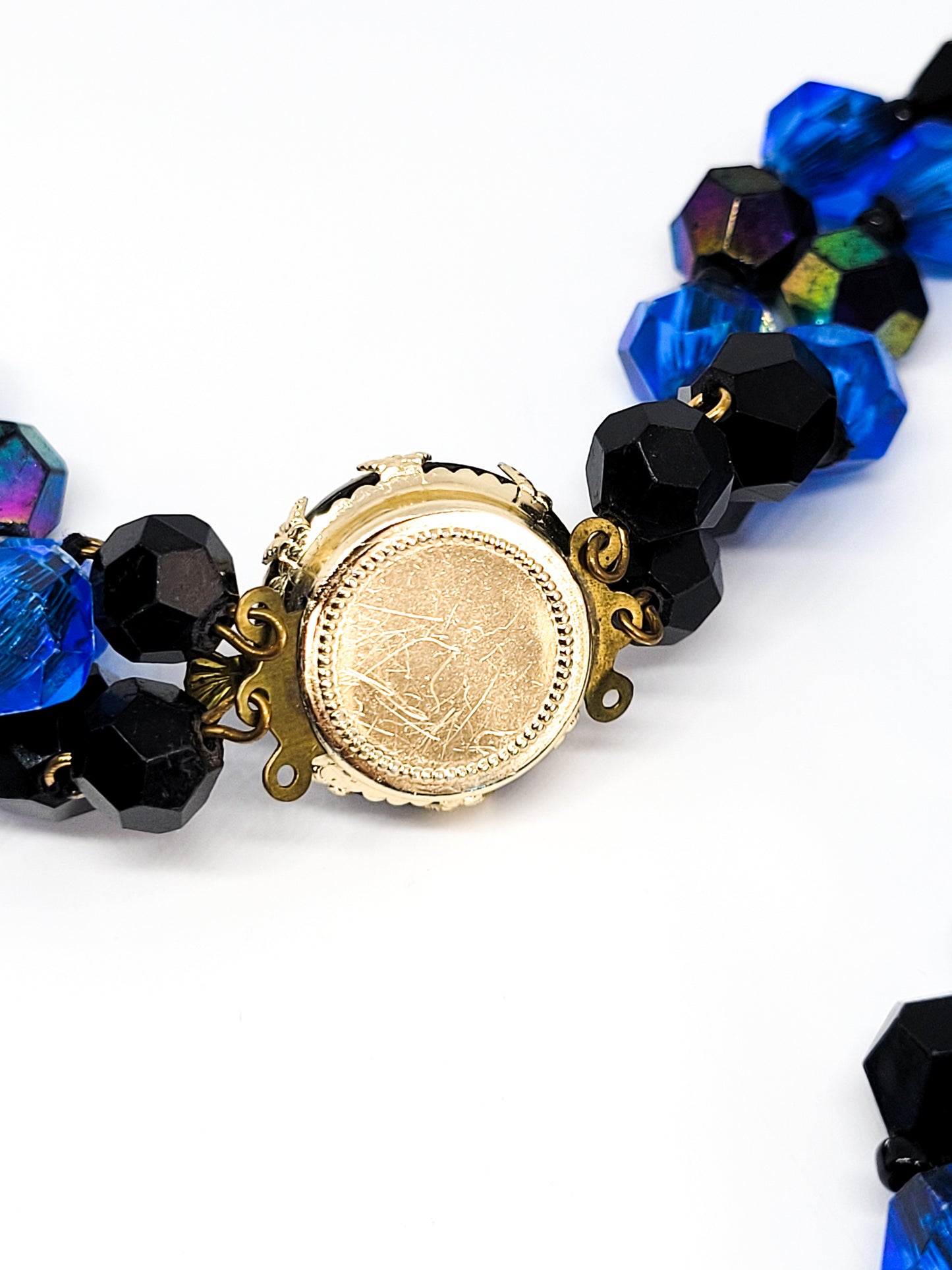 Oil slick blue and black vintage double tiered beaded necklace mid century