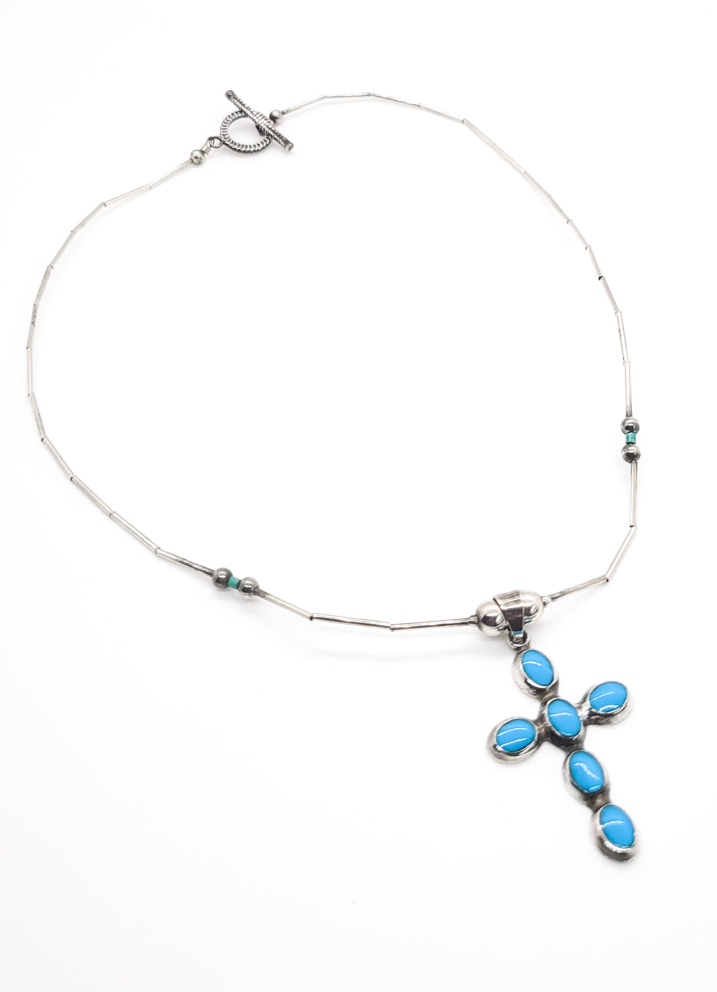 Liquid silver block turquoise sterling silver vintage cross necklace 925