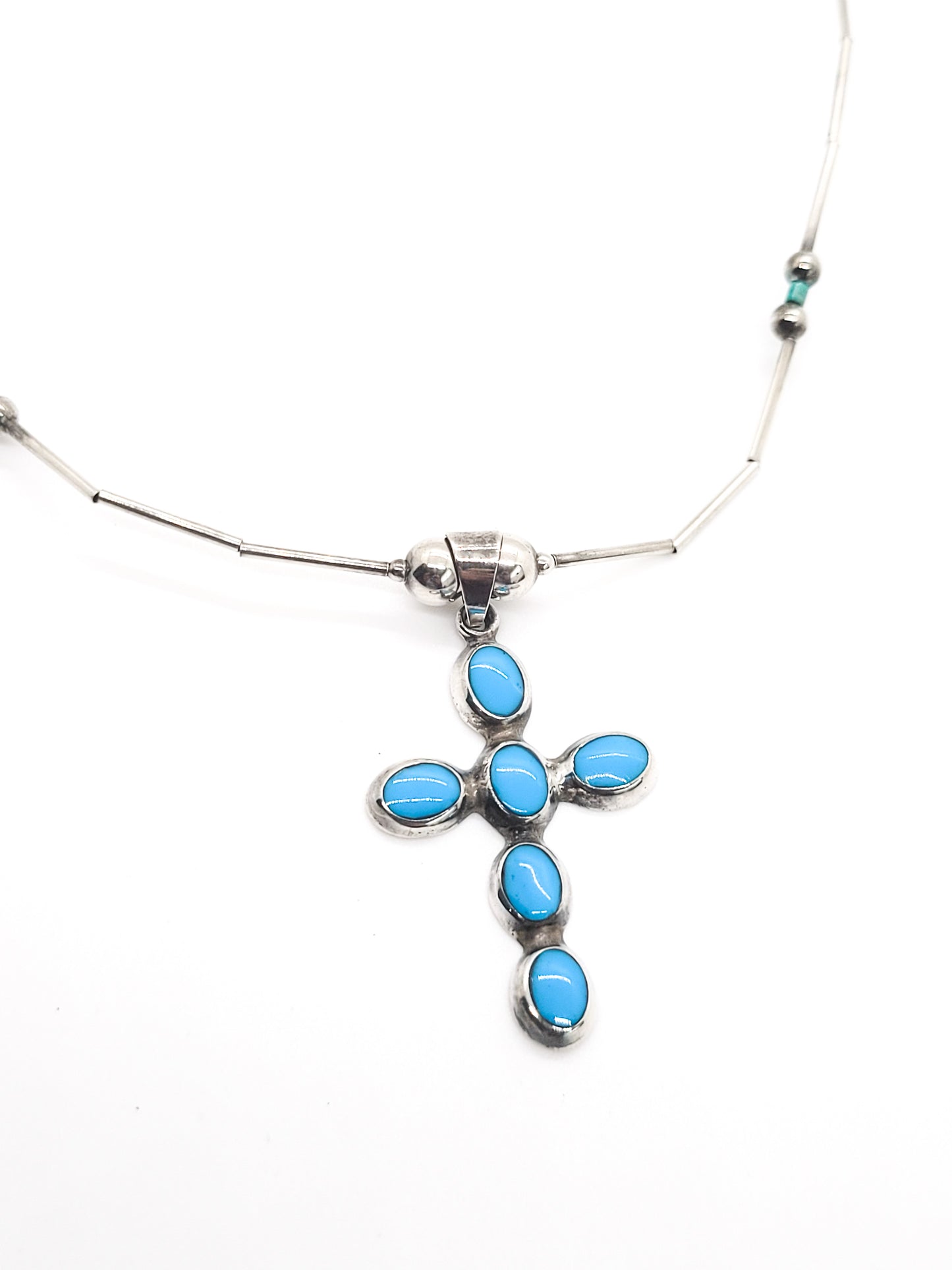 Liquid silver block turquoise sterling silver vintage cross necklace 925
