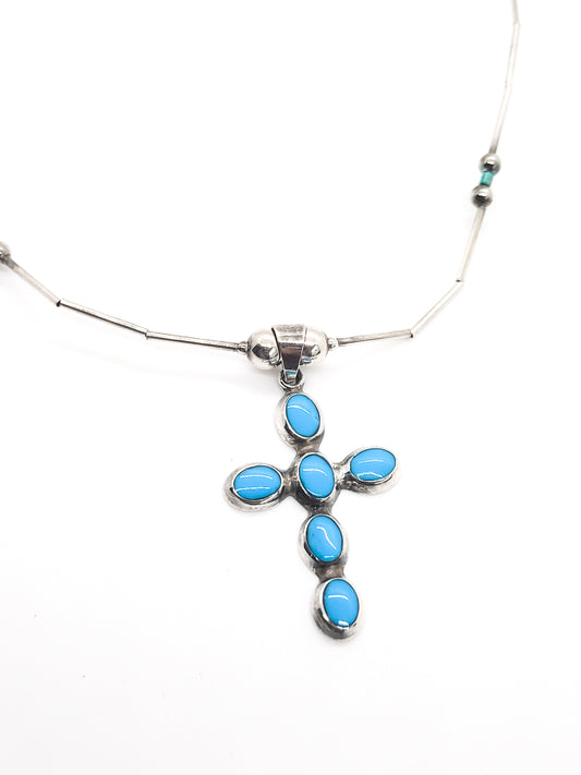 Liquid silver block turquoise sterling silver vintage cross necklace 925
