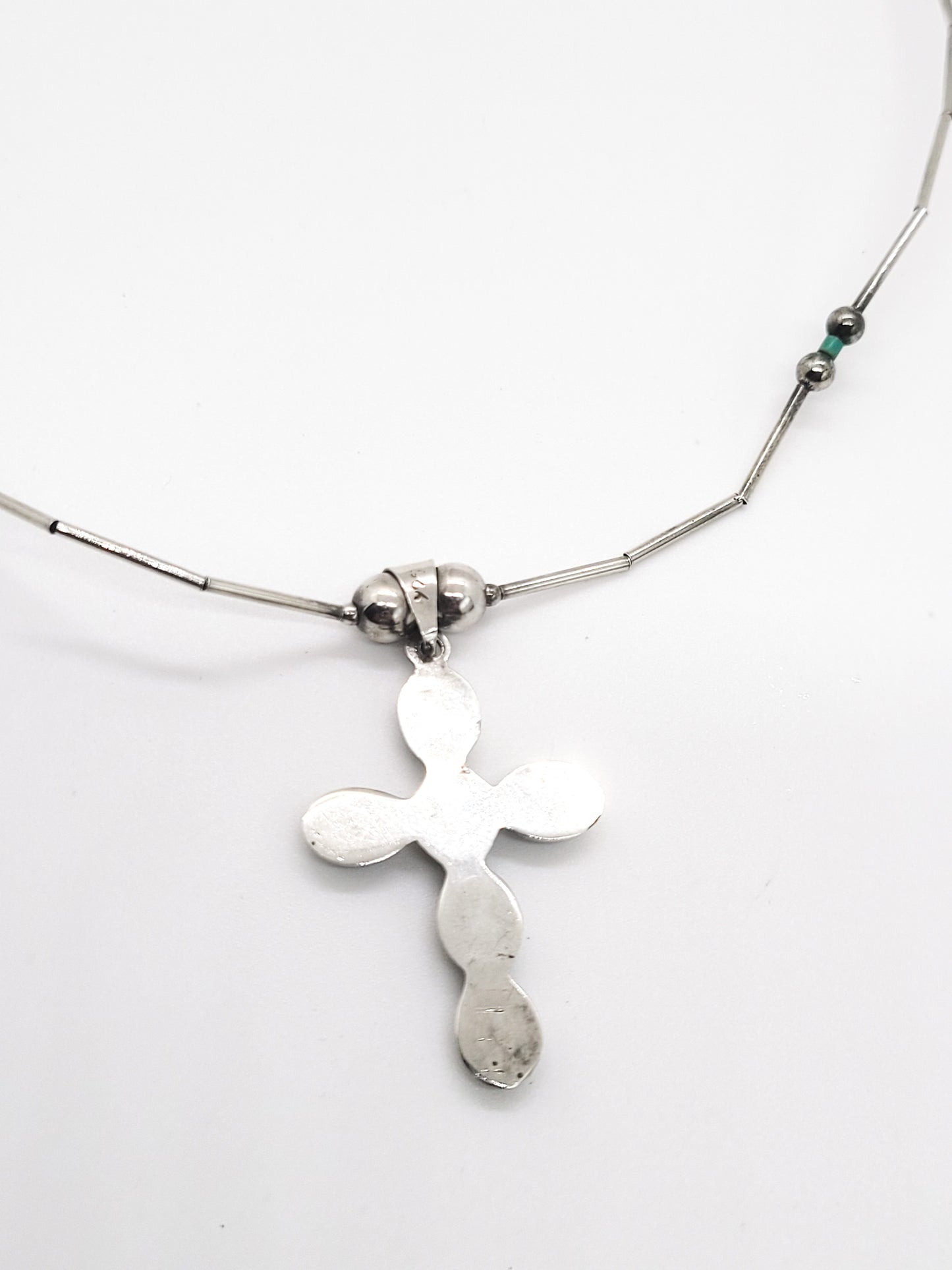 Liquid silver block turquoise sterling silver vintage cross necklace 925