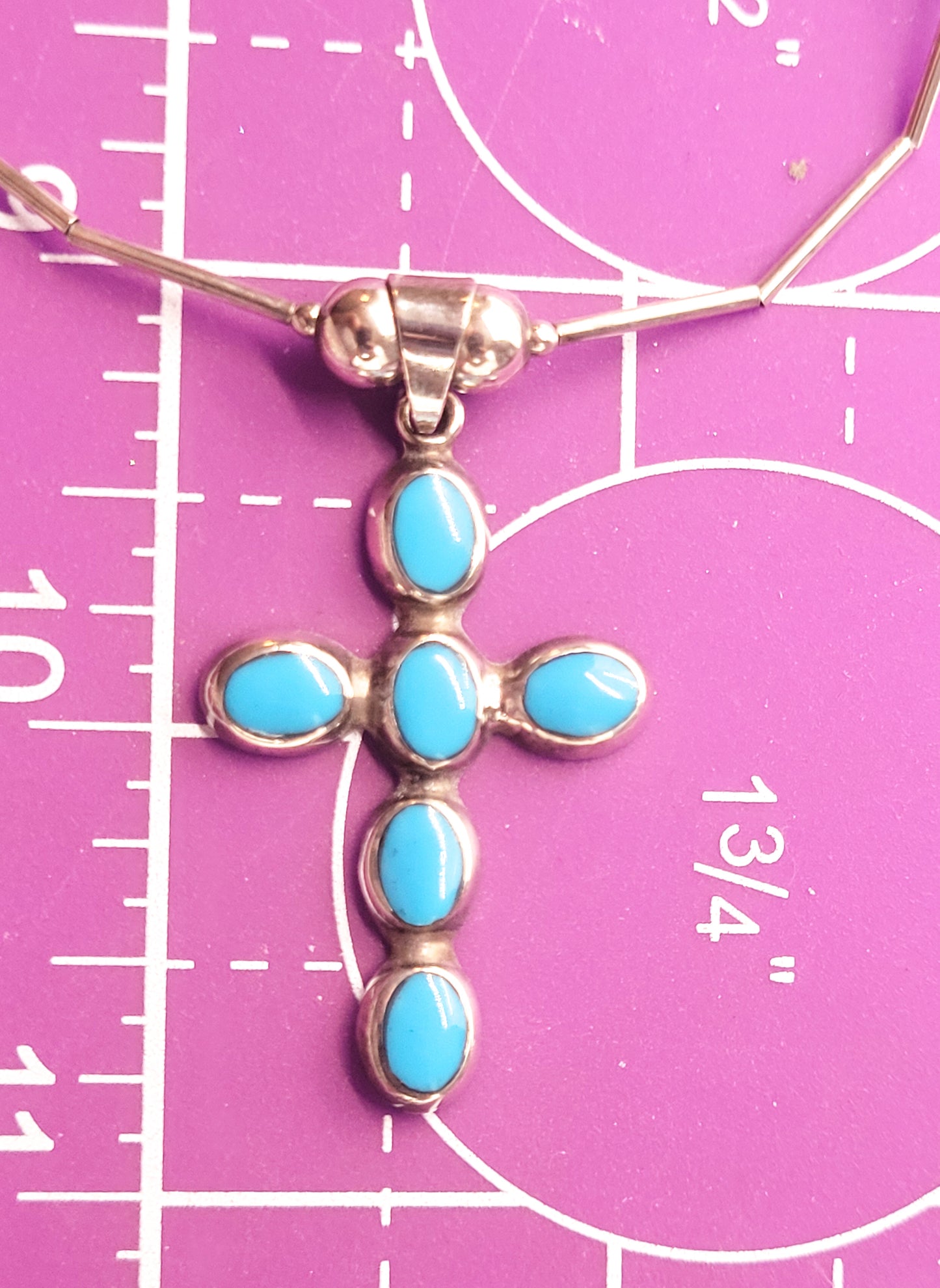 Liquid silver block turquoise sterling silver vintage cross necklace 925