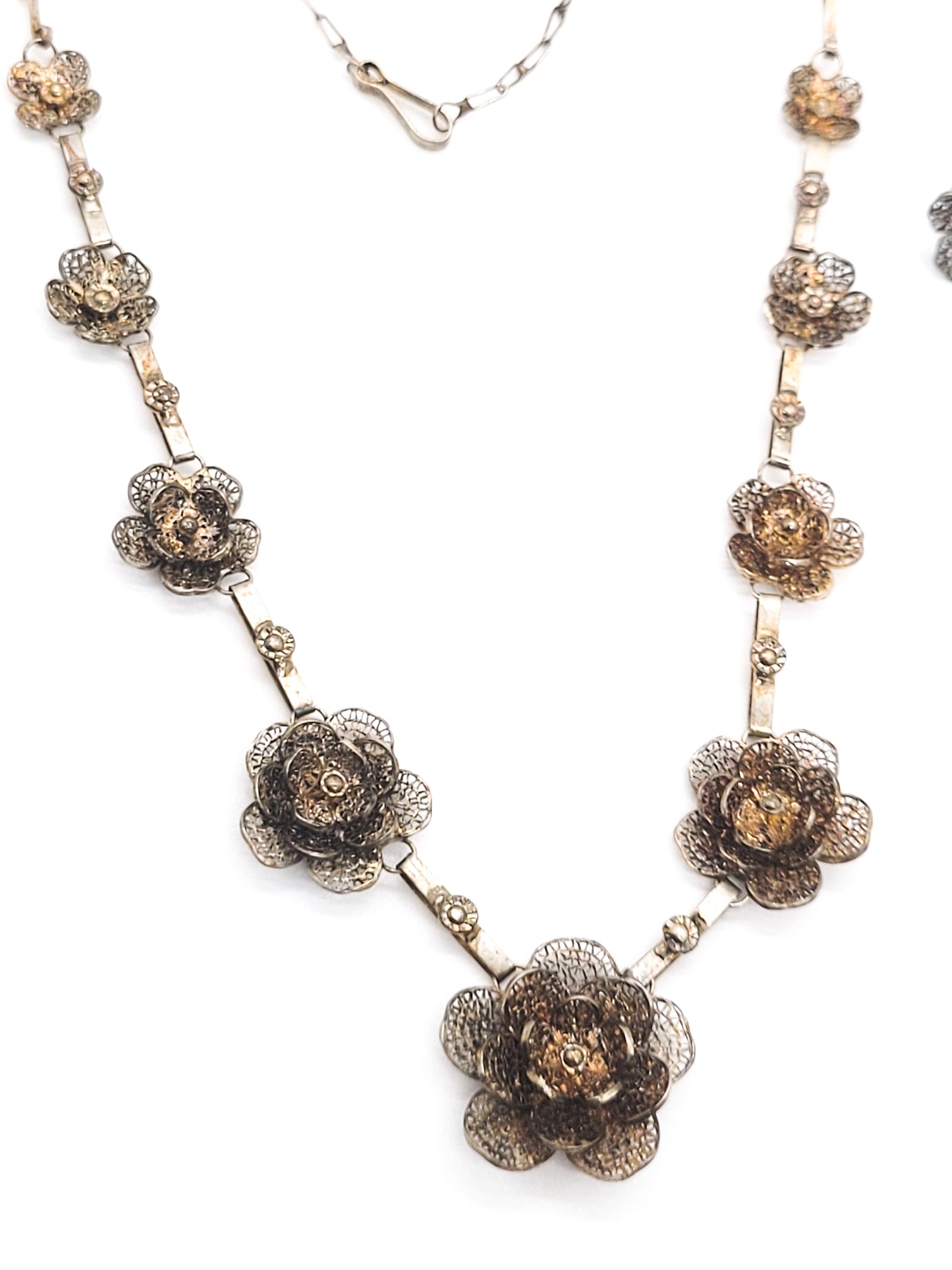 Spun silver flower cannetile vintage necklace set 950 sterling sliver demi parure