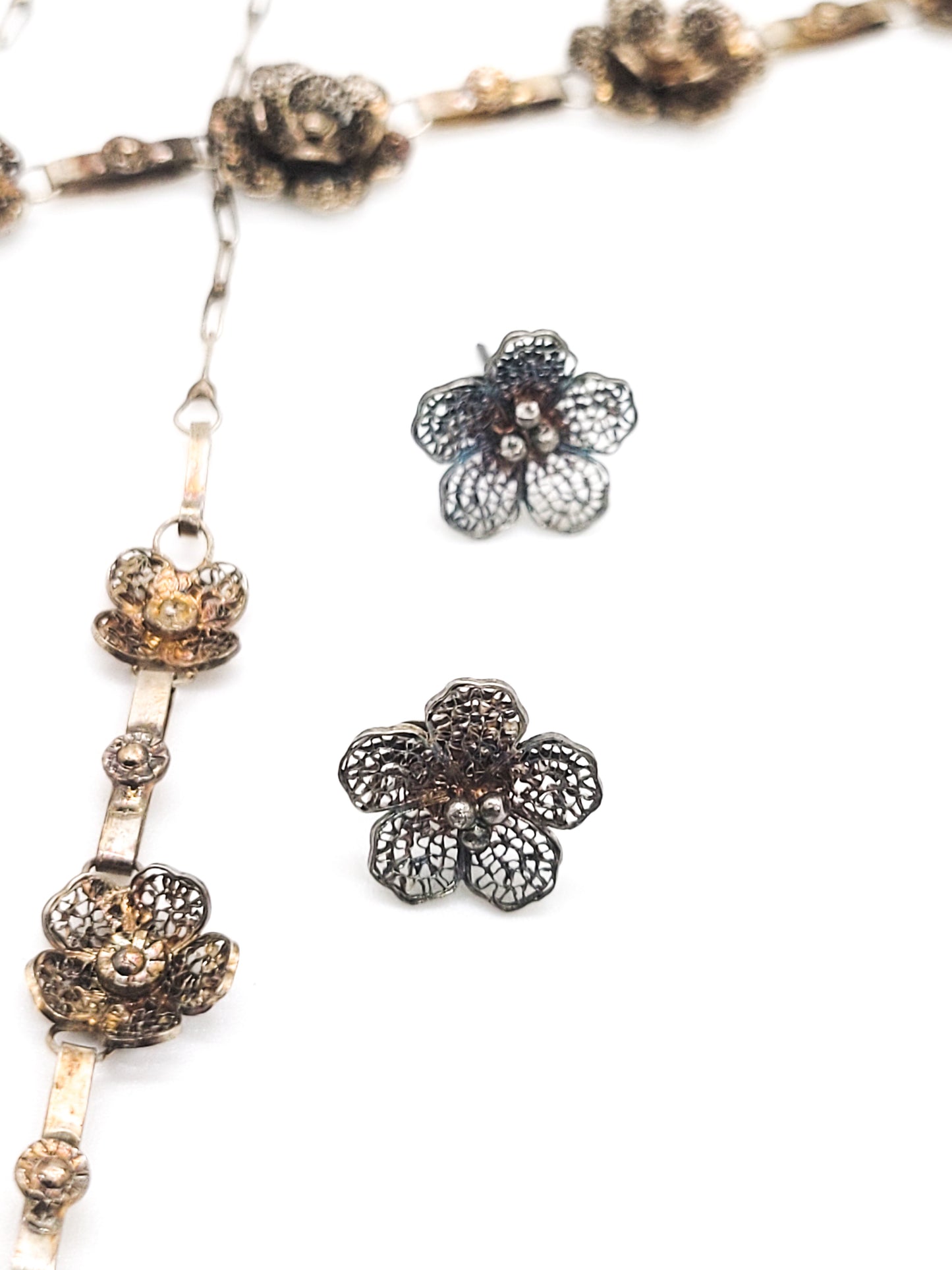 Spun silver flower cannetile vintage necklace set 950 sterling sliver demi parure