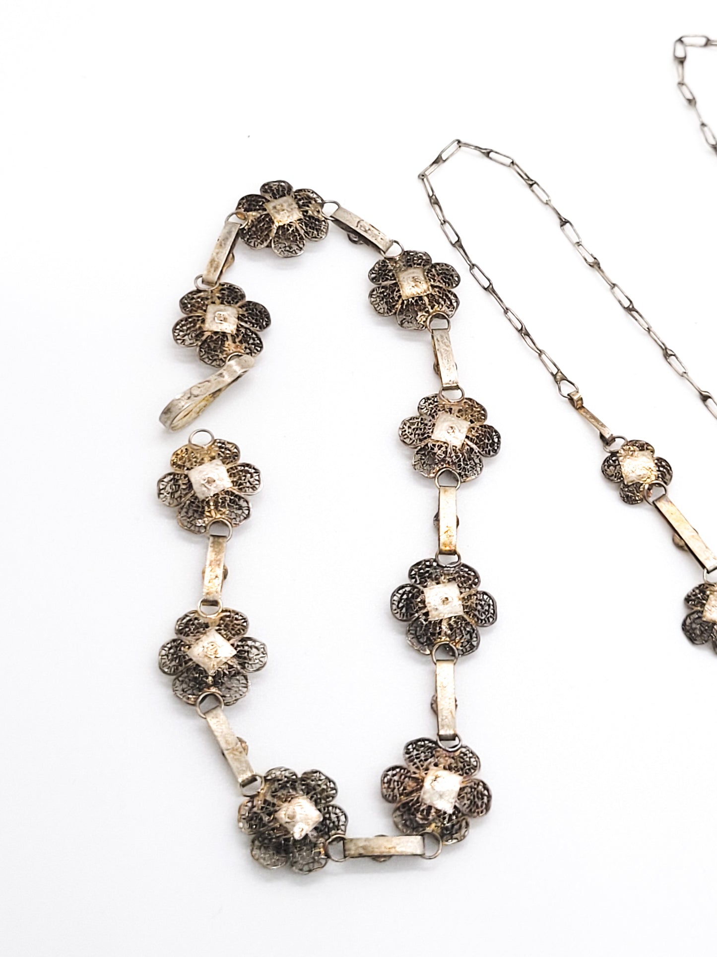 Spun silver flower cannetile vintage necklace set 950 sterling sliver demi parure