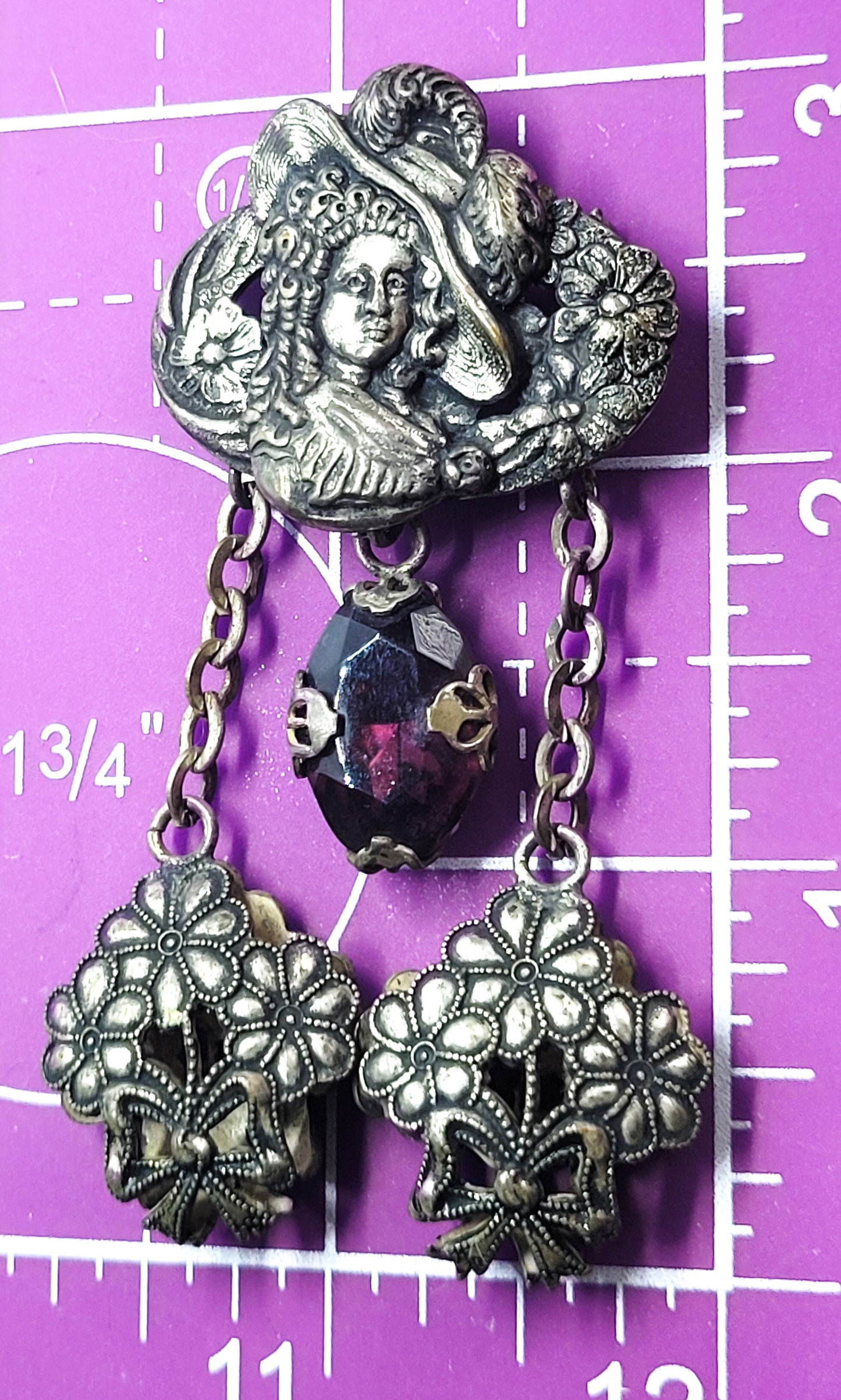 Art Nouveau Nymph lady in hat silver plated purple rhinestone chatelain brooch pin