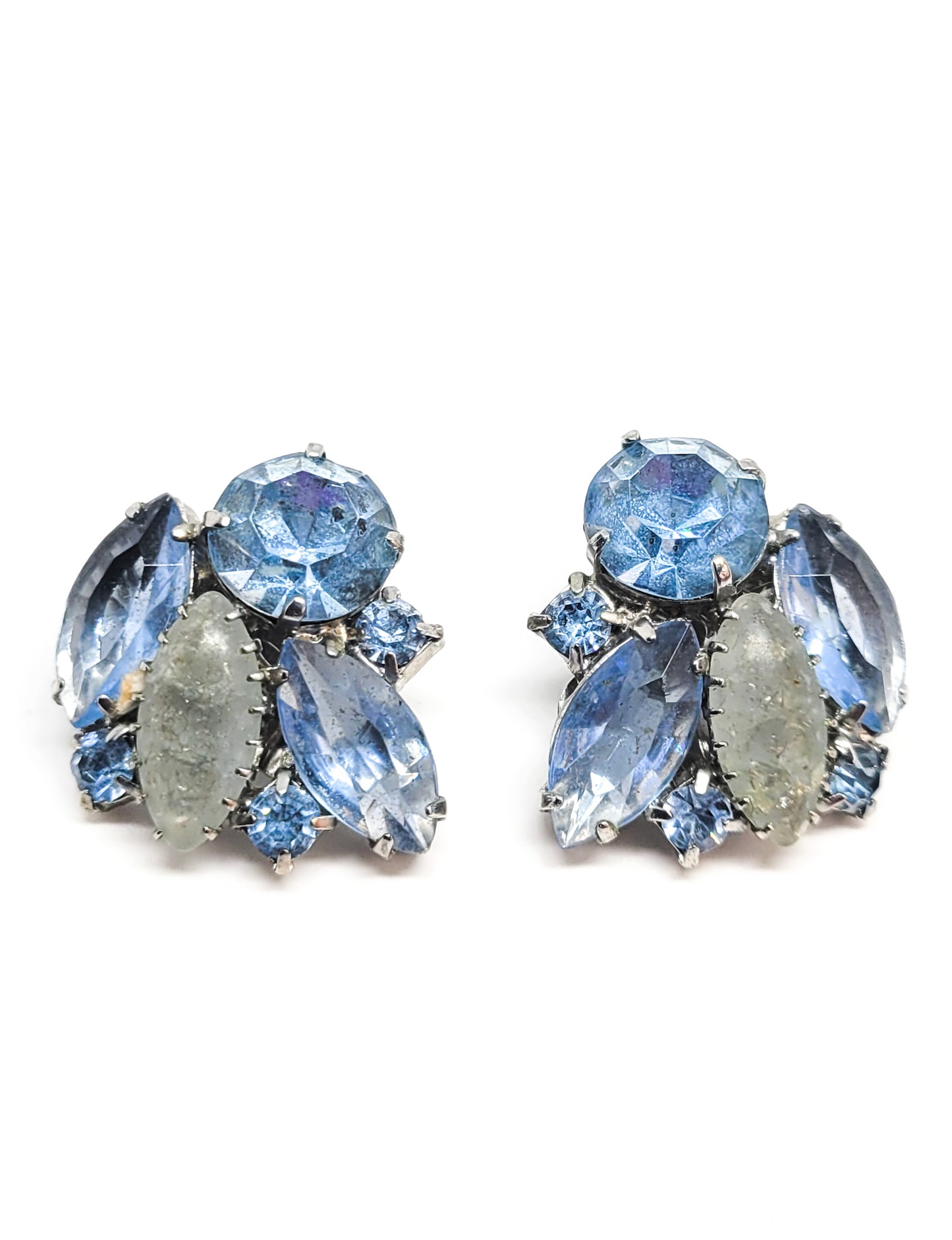 Blue rhinestone and frosted crackle glass blue clip on vintage earrings mid century