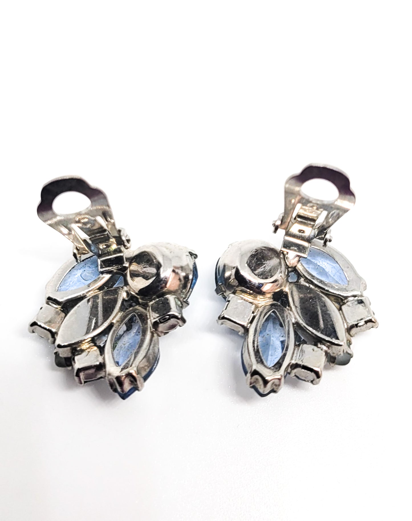 Blue rhinestone and frosted crackle glass blue clip on vintage earrings mid century