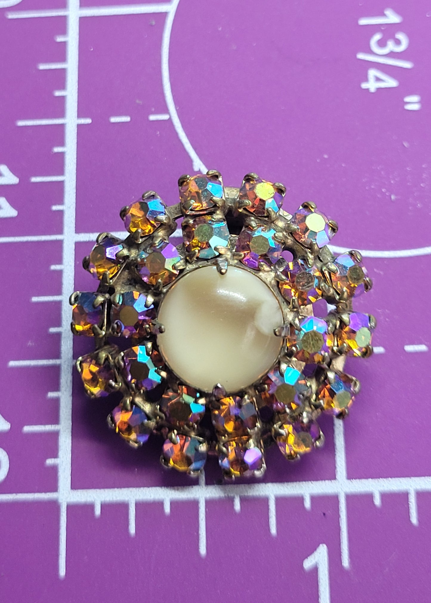 Peach marbled Czech glass with orange aurora borealis clip on earrings mid century