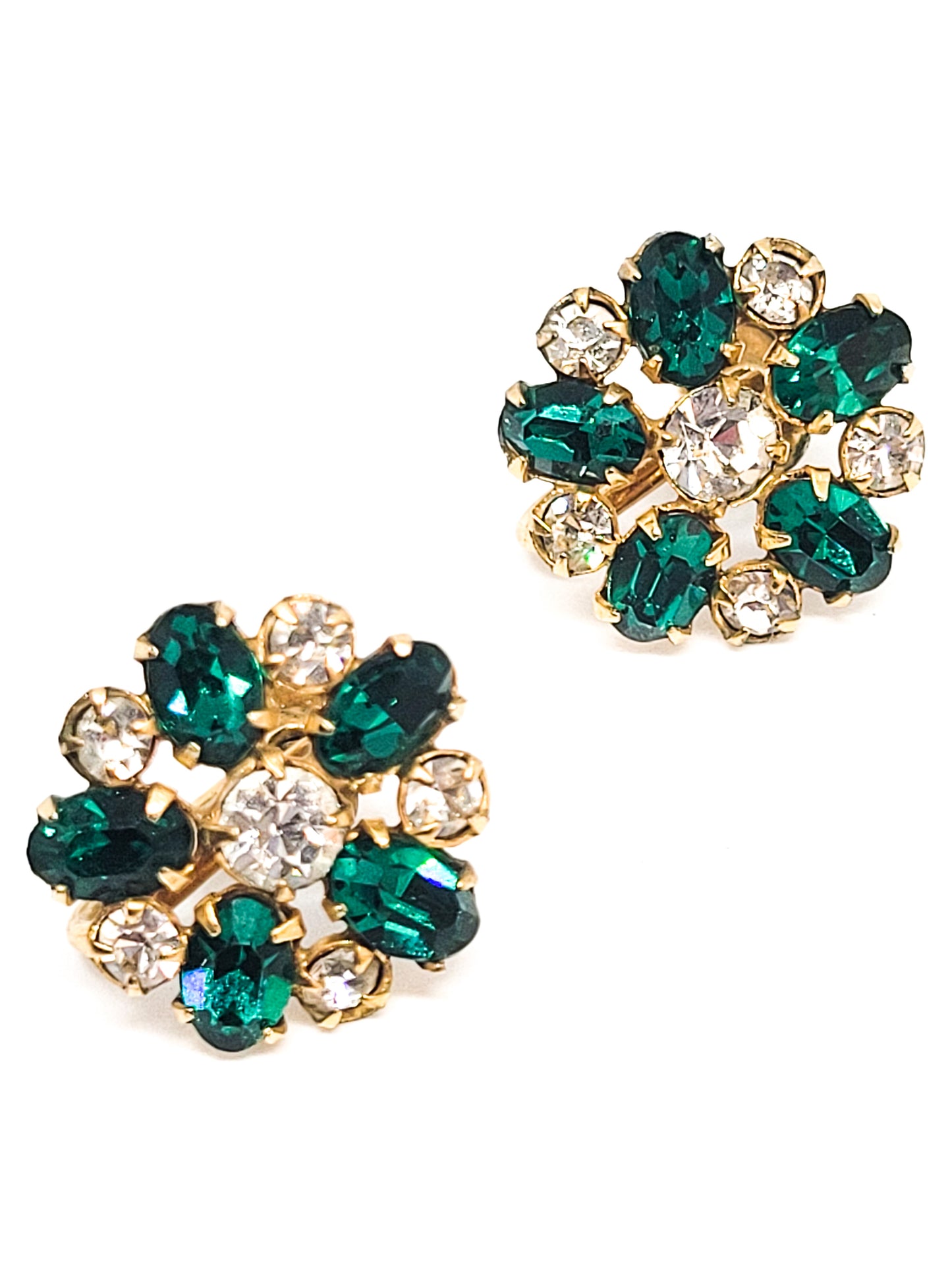 Antoinette dark green rhinestone flower antique gold filled earrings holiday Christmas
