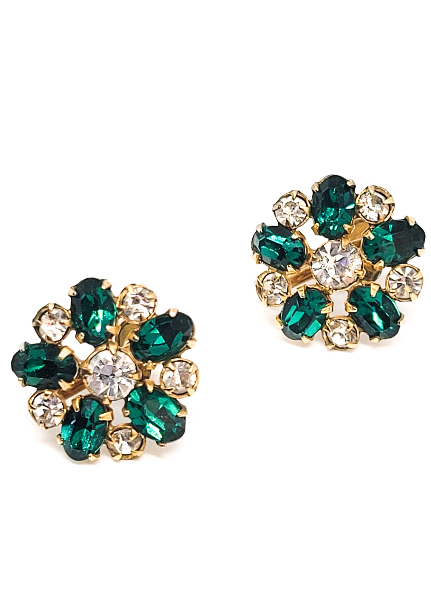 Antoinette dark green rhinestone flower antique gold filled earrings holiday Christmas