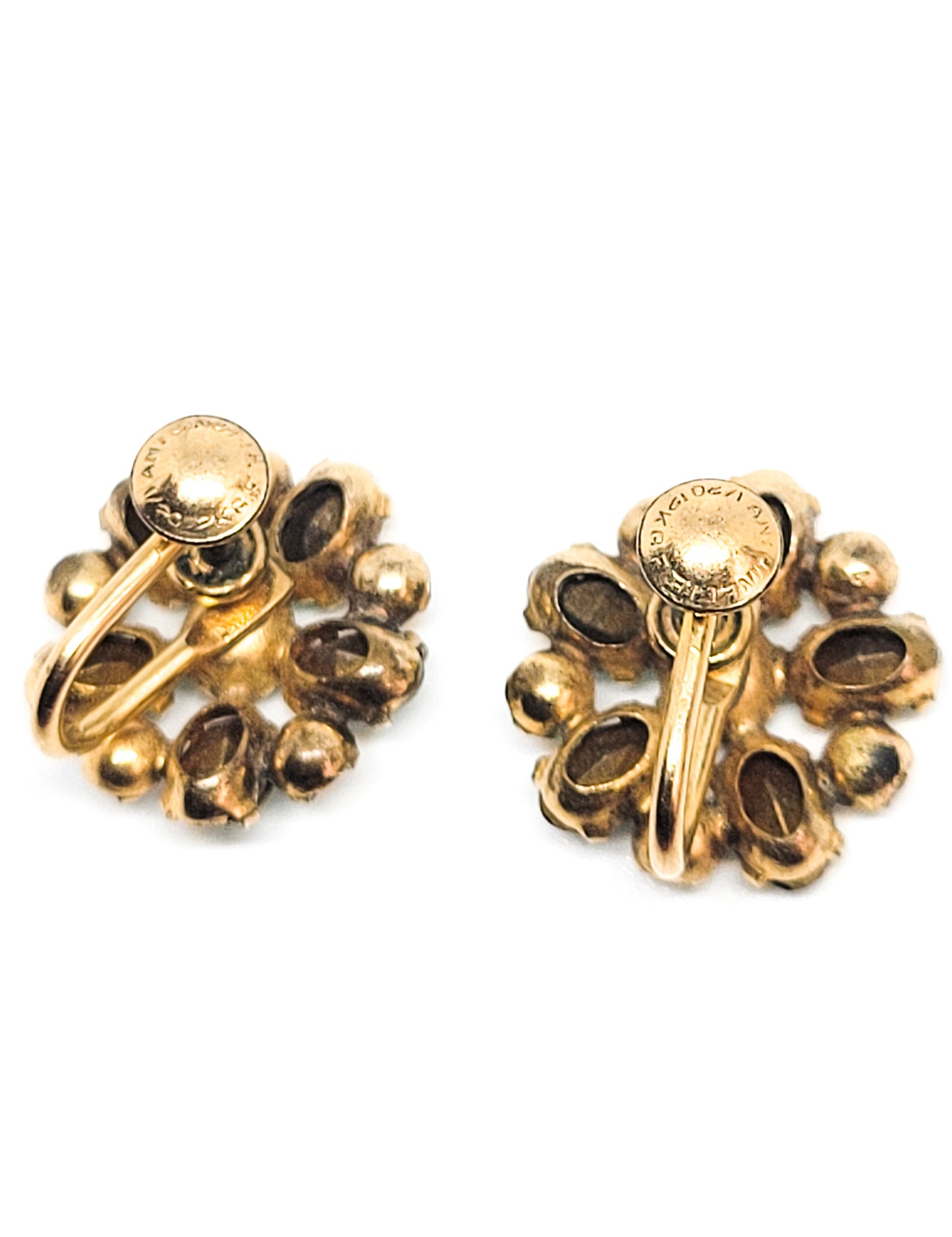 Antoinette dark green rhinestone flower antique gold filled earrings holiday Christmas