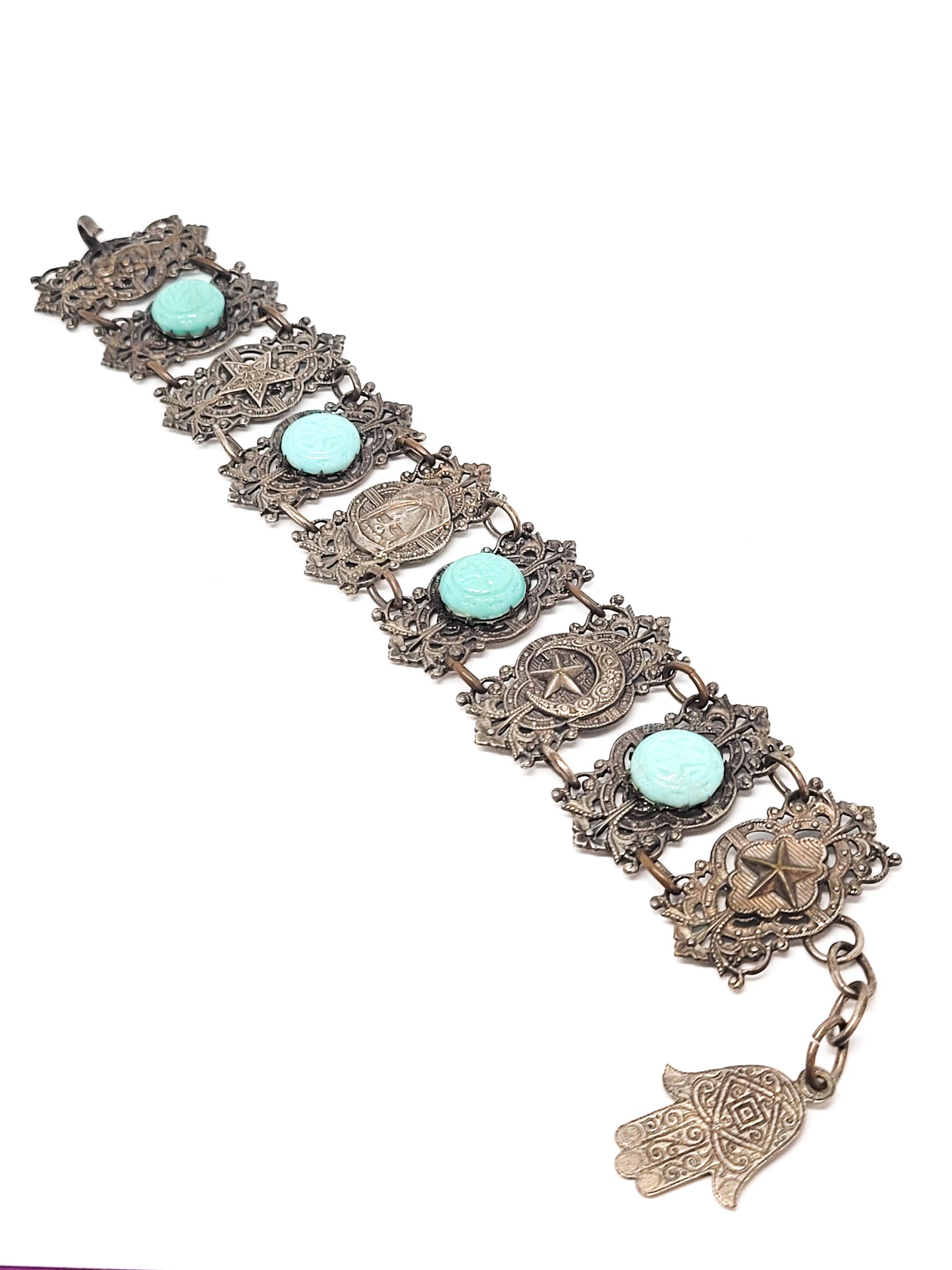 Moroccan nymph woman blue milk glass hands of Hamsa vintage tourist panel bracelet