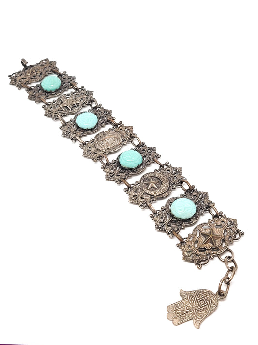Moroccan nymph woman blue milk glass hands of Hamsa vintage tourist panel bracelet