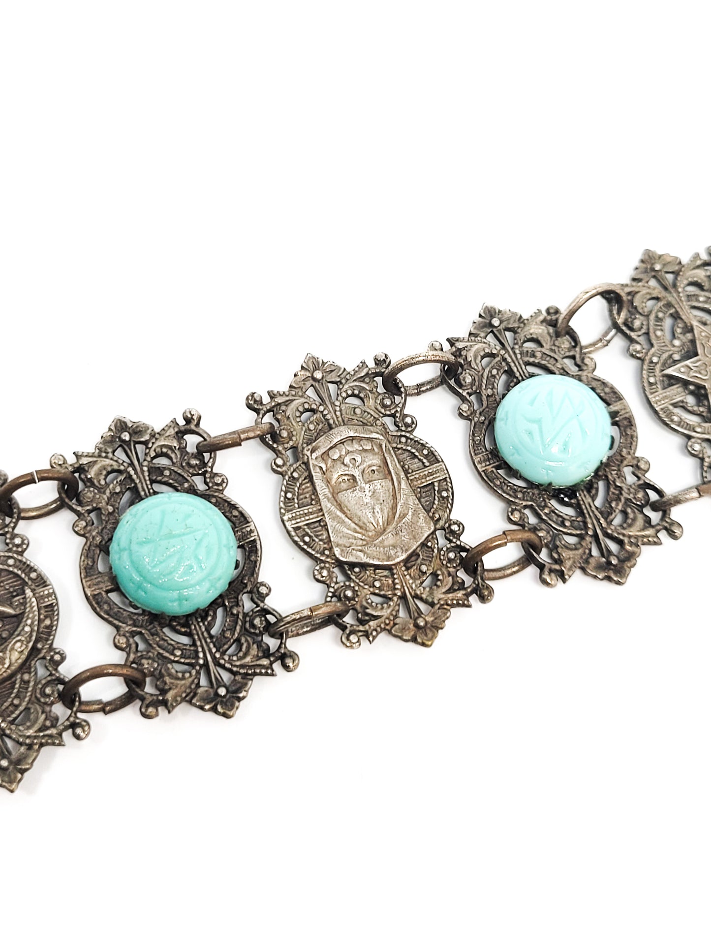 Moroccan nymph woman blue milk glass hands of Hamsa vintage tourist panel bracelet