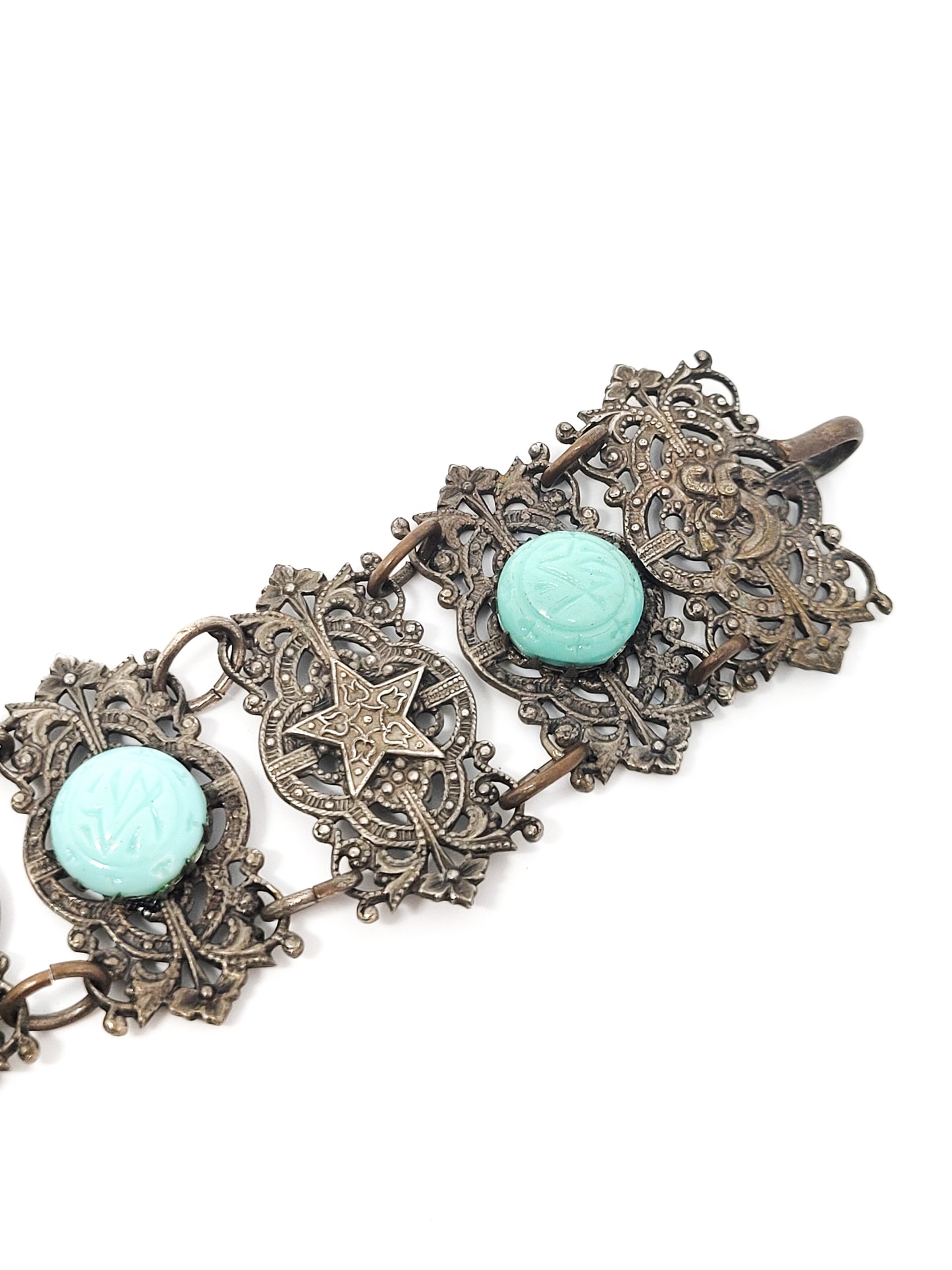 Moroccan nymph woman blue milk glass hands of Hamsa vintage tourist panel bracelet