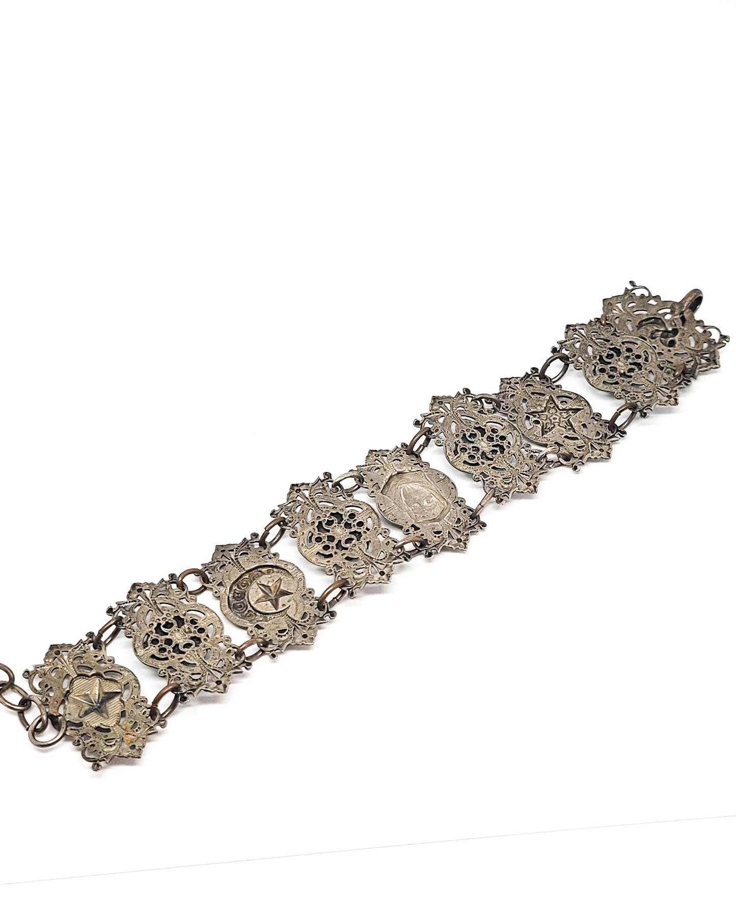 Moroccan nymph woman blue milk glass hands of Hamsa vintage tourist panel bracelet