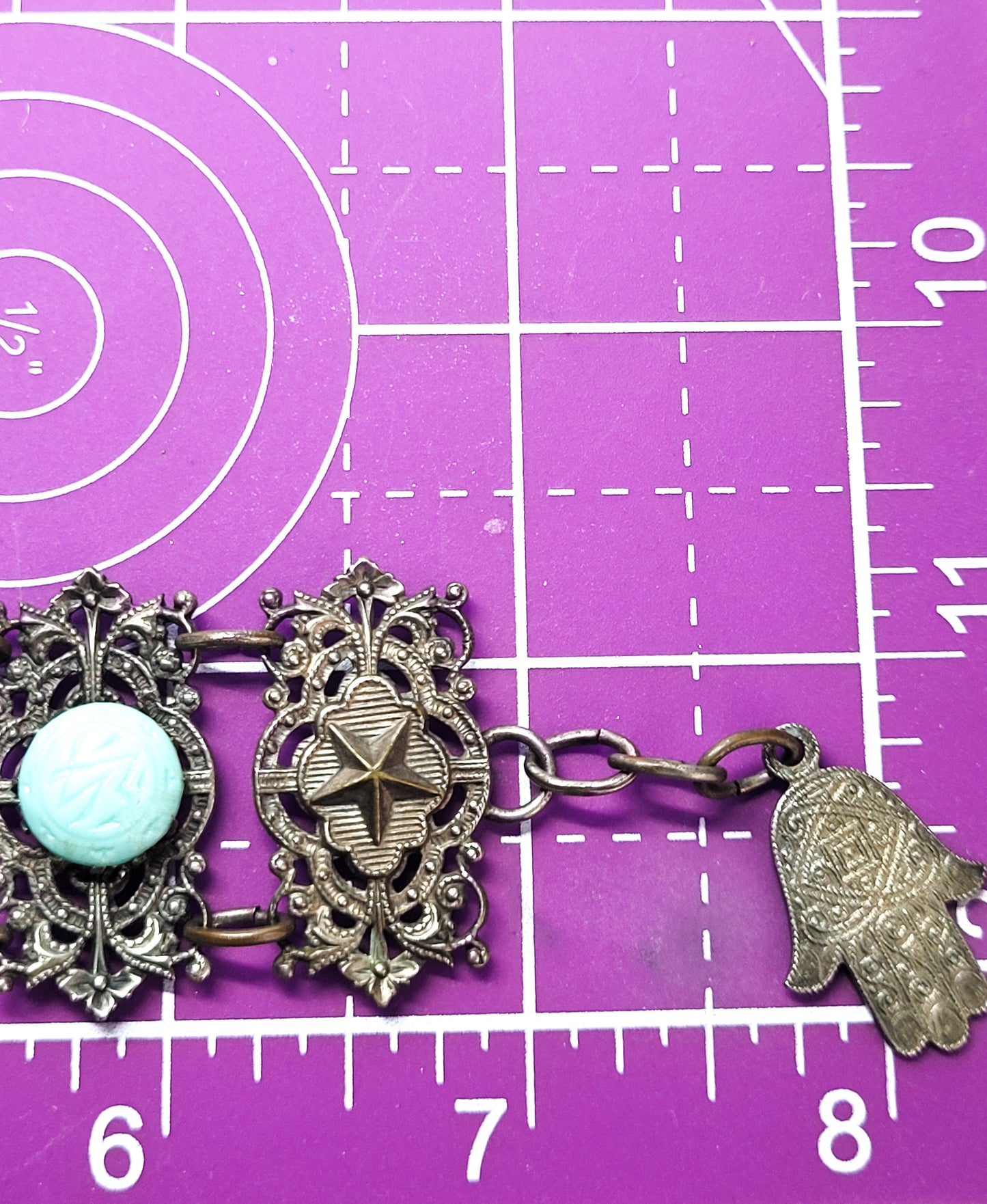 Moroccan nymph woman blue milk glass hands of Hamsa vintage tourist panel bracelet