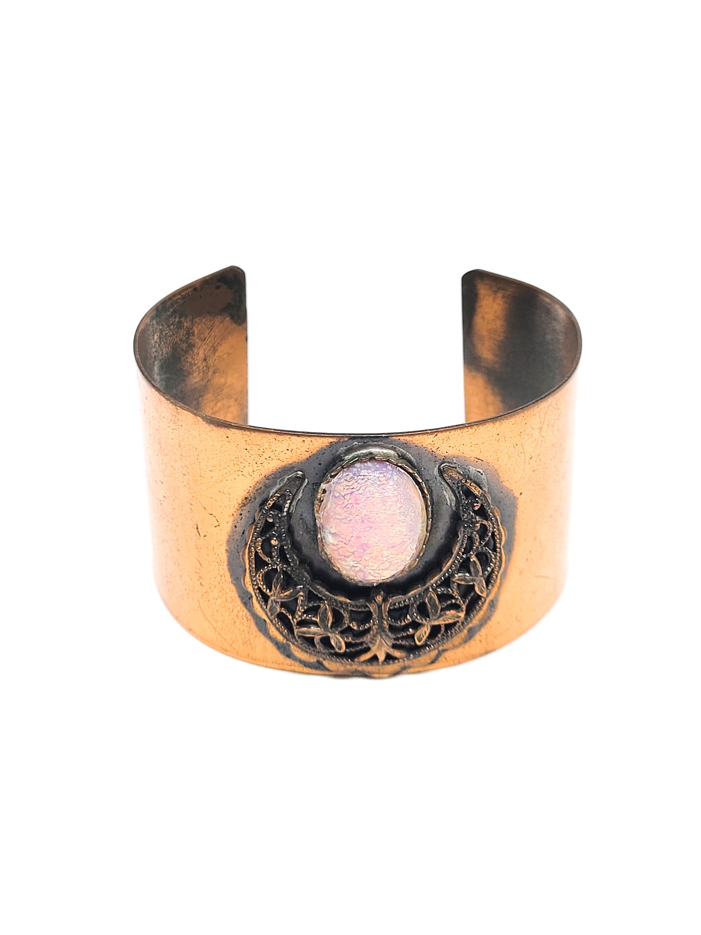 Copper Goddess crescent moon diachronic pink opal art class vintage cuff bracelet