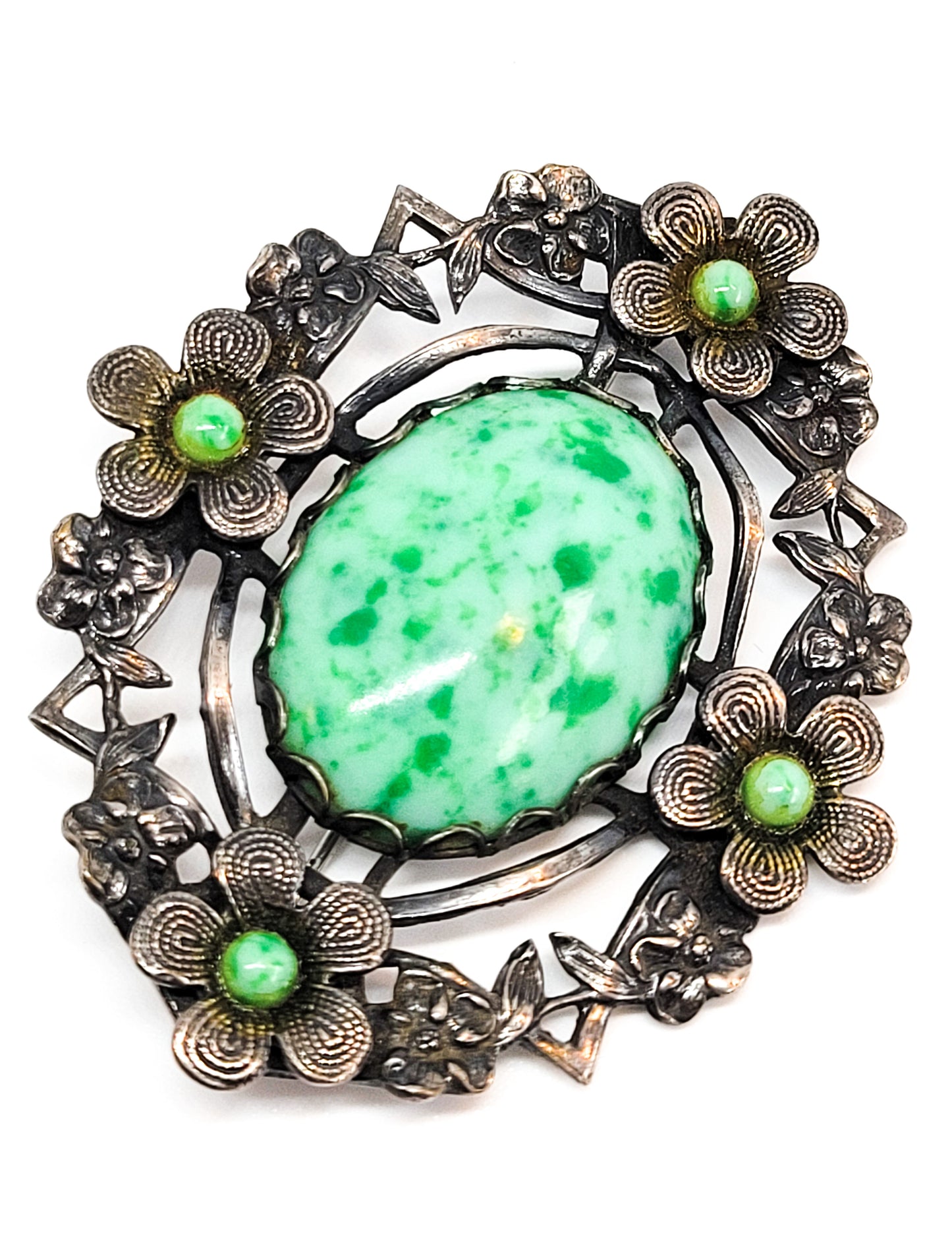 Neiger brothers Green Peking Czech glass flower vintage scatter brooch pin mid century