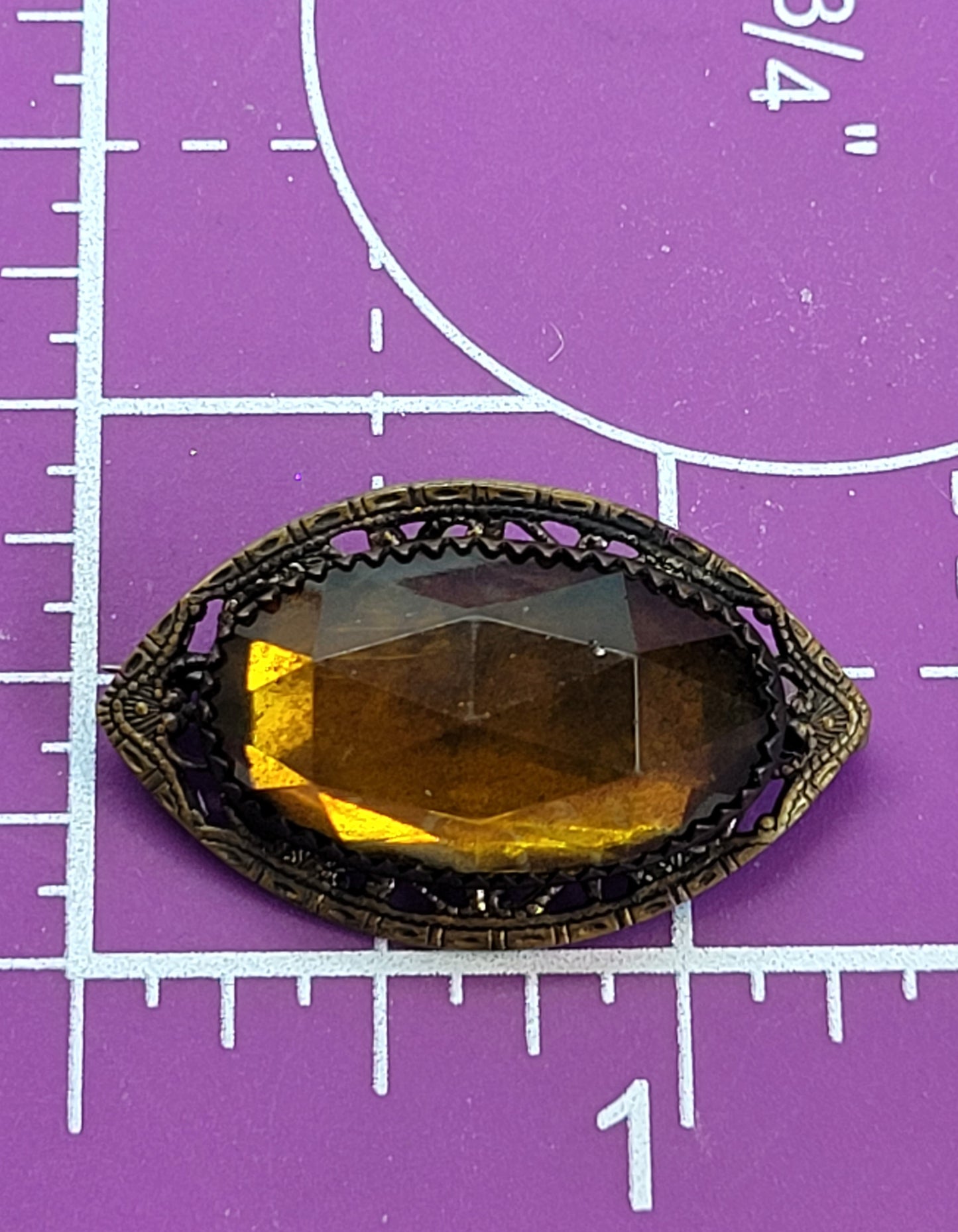 Victorian Citrine glass stamped brass vintage faceted Czech glass brooch pin