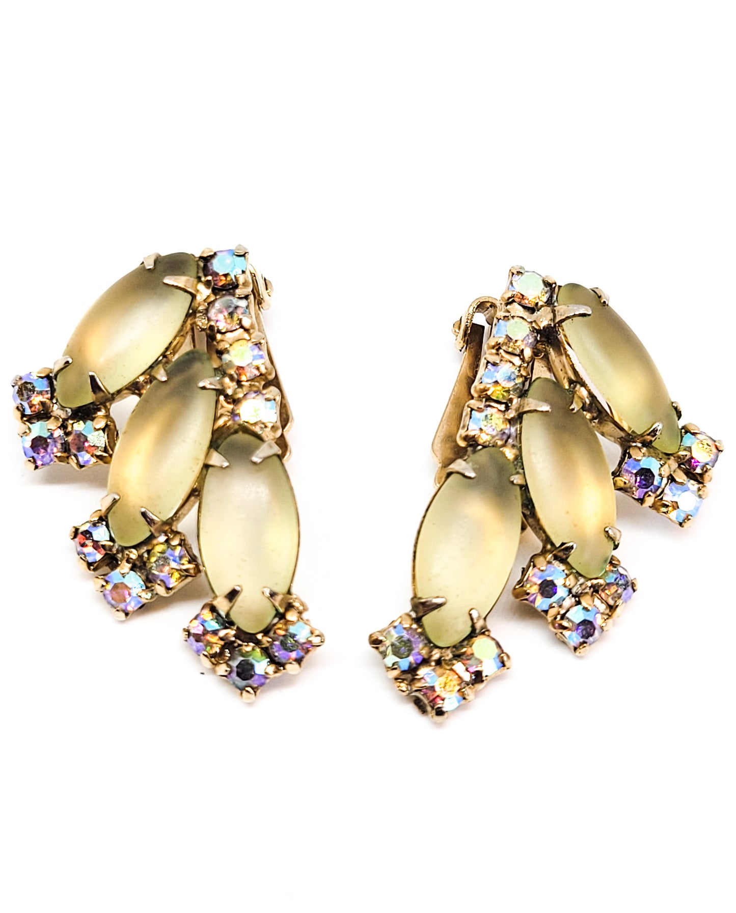 Frosted Navette Aurora Borealis rainbow rhinestone vintage clip on earrings mid century