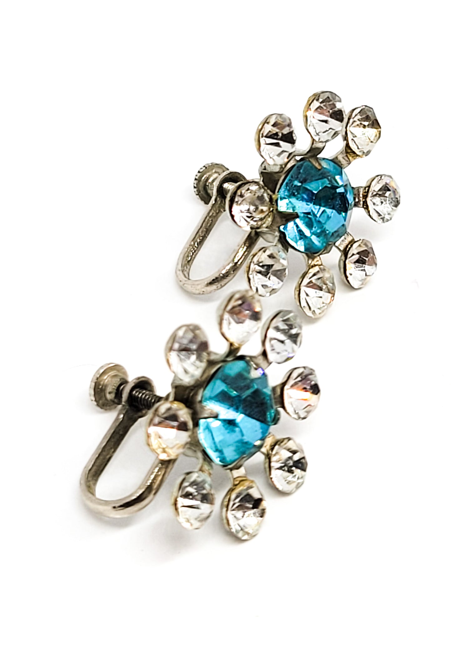 Atomic flower aqua blue vintage rhinestone screw back earrings mid century