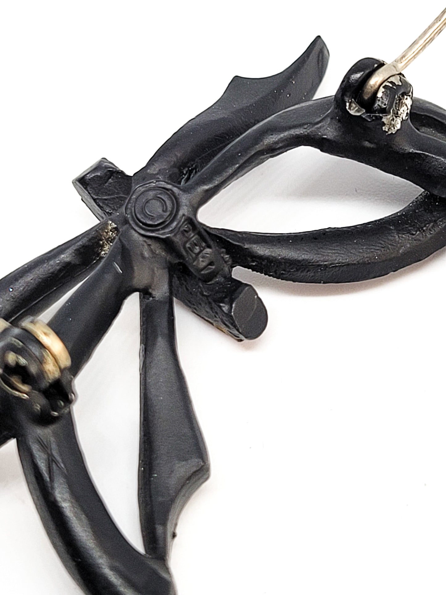 Jappaned black and purple Halloween bow rhinestone vintage brooch pin mid century