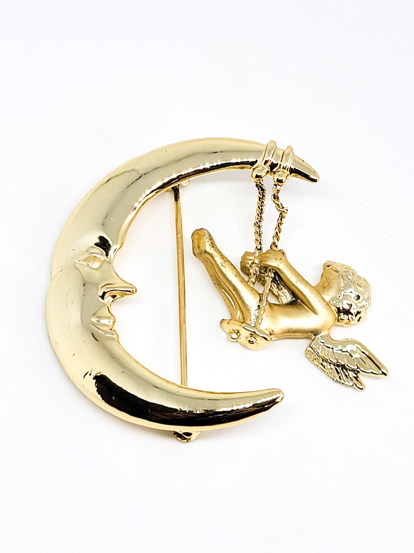 AJC Crescent moon cherub swinging angel gold toned vintage brooch