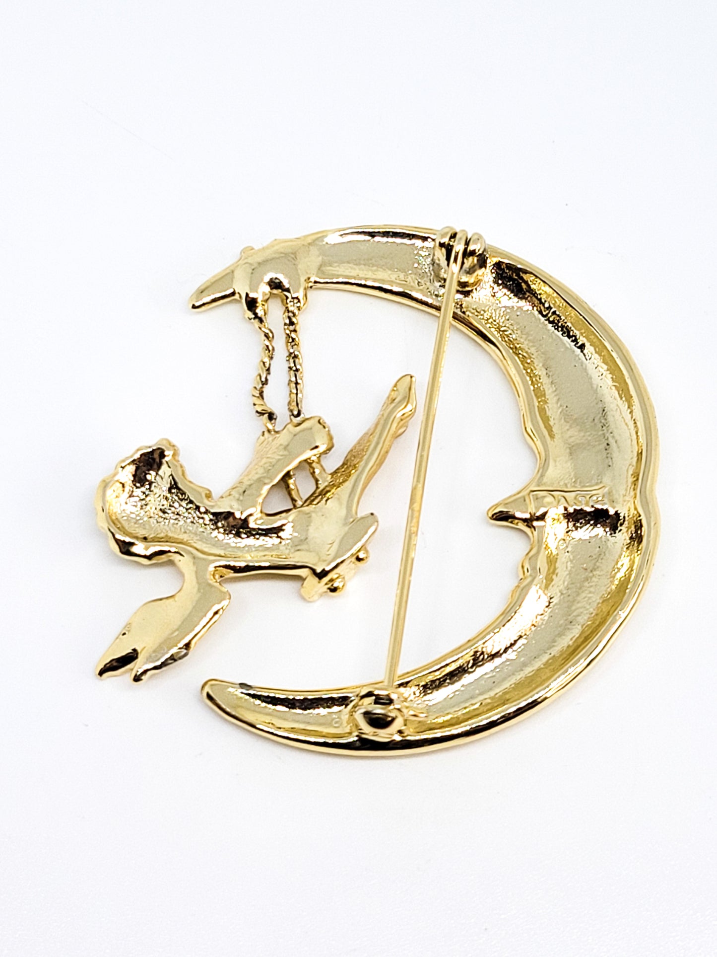 AJC Crescent moon cherub swinging angel gold toned vintage brooch