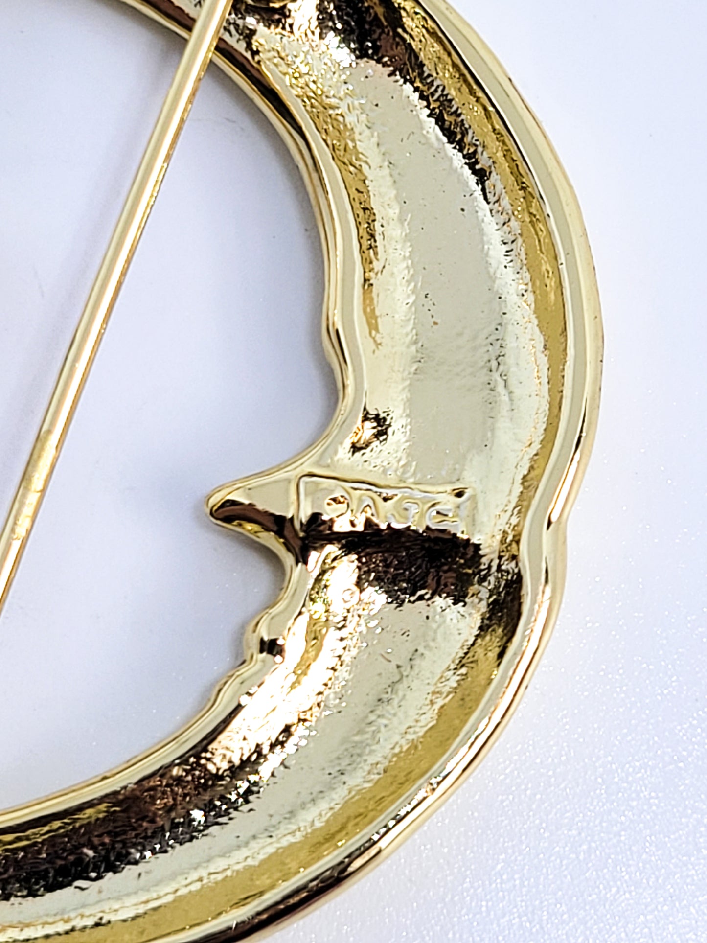 AJC Crescent moon cherub swinging angel gold toned vintage brooch