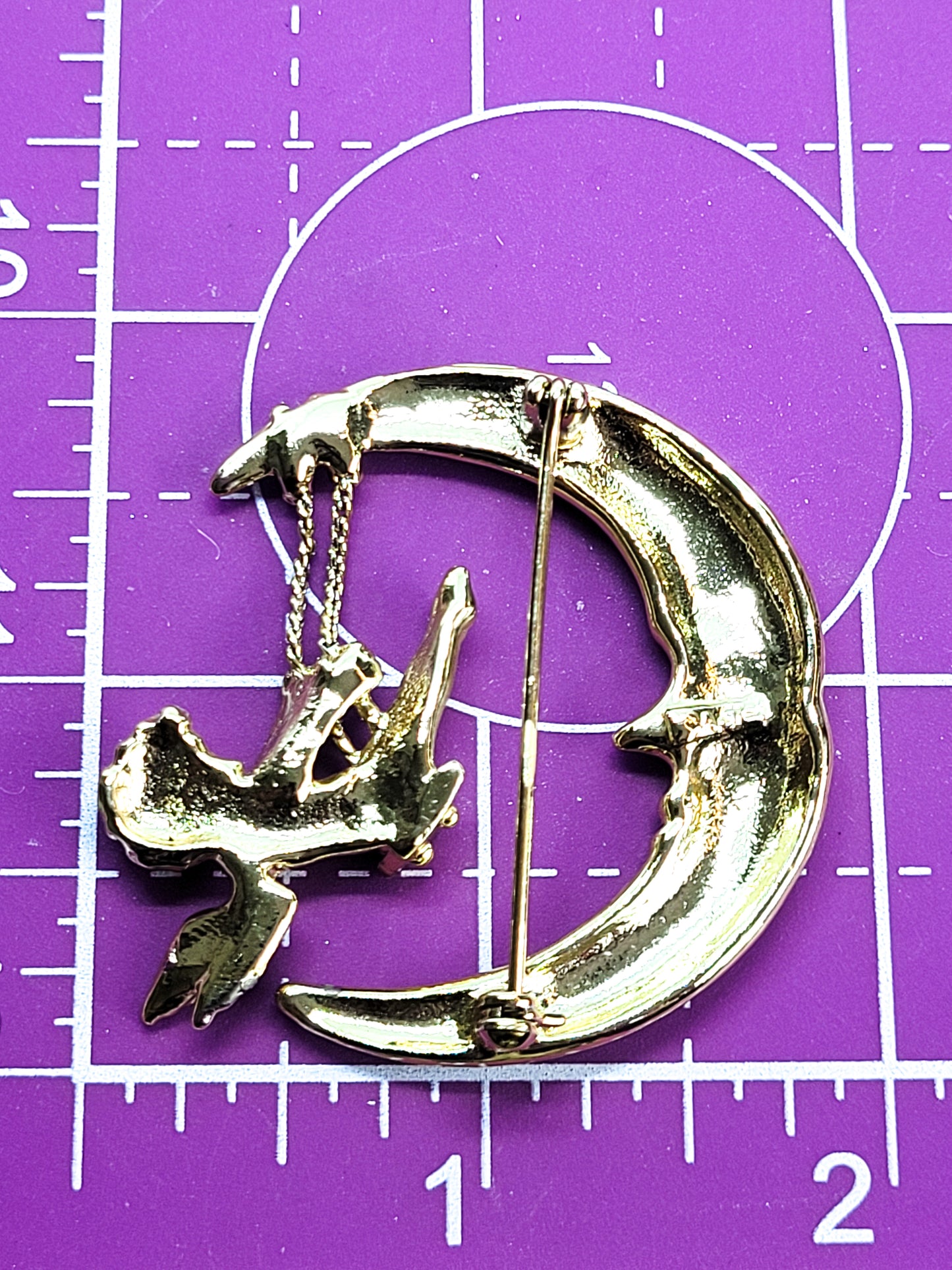 AJC Crescent moon cherub swinging angel gold toned vintage brooch