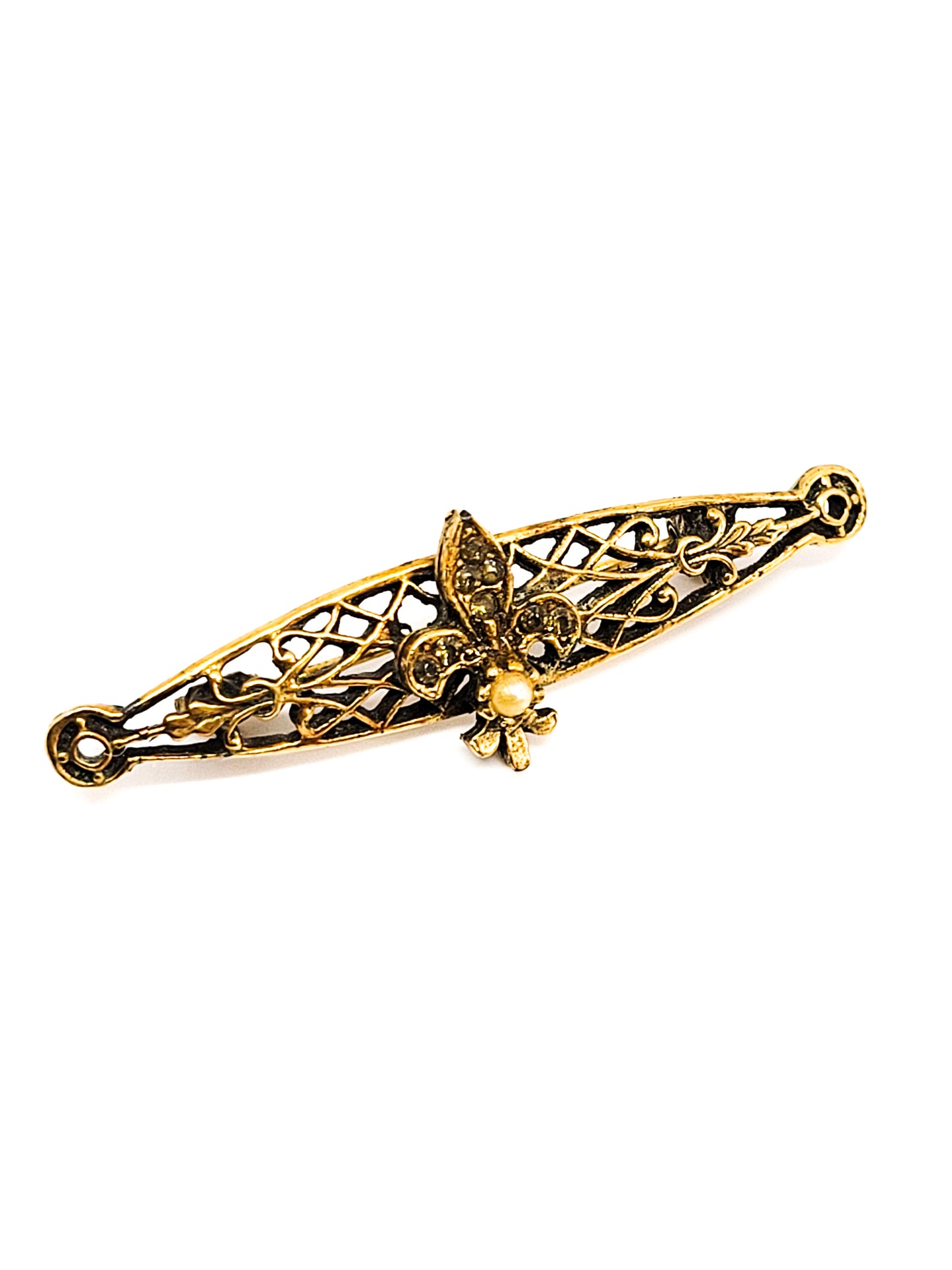 Fleur de lis vintage gold toned faux pearl and rhinestone bar pin brooch