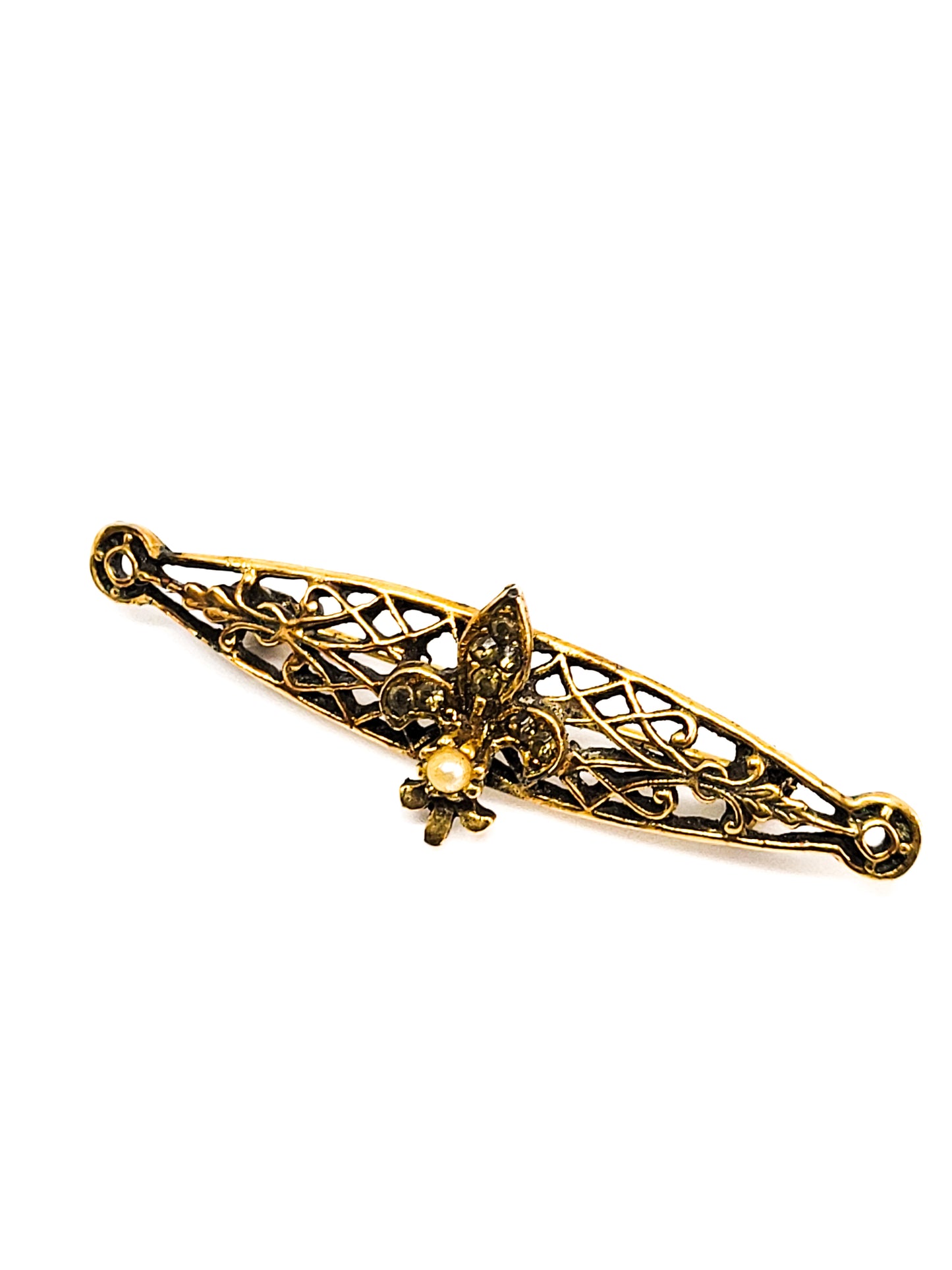 Fleur de lis vintage gold toned faux pearl and rhinestone bar pin brooch