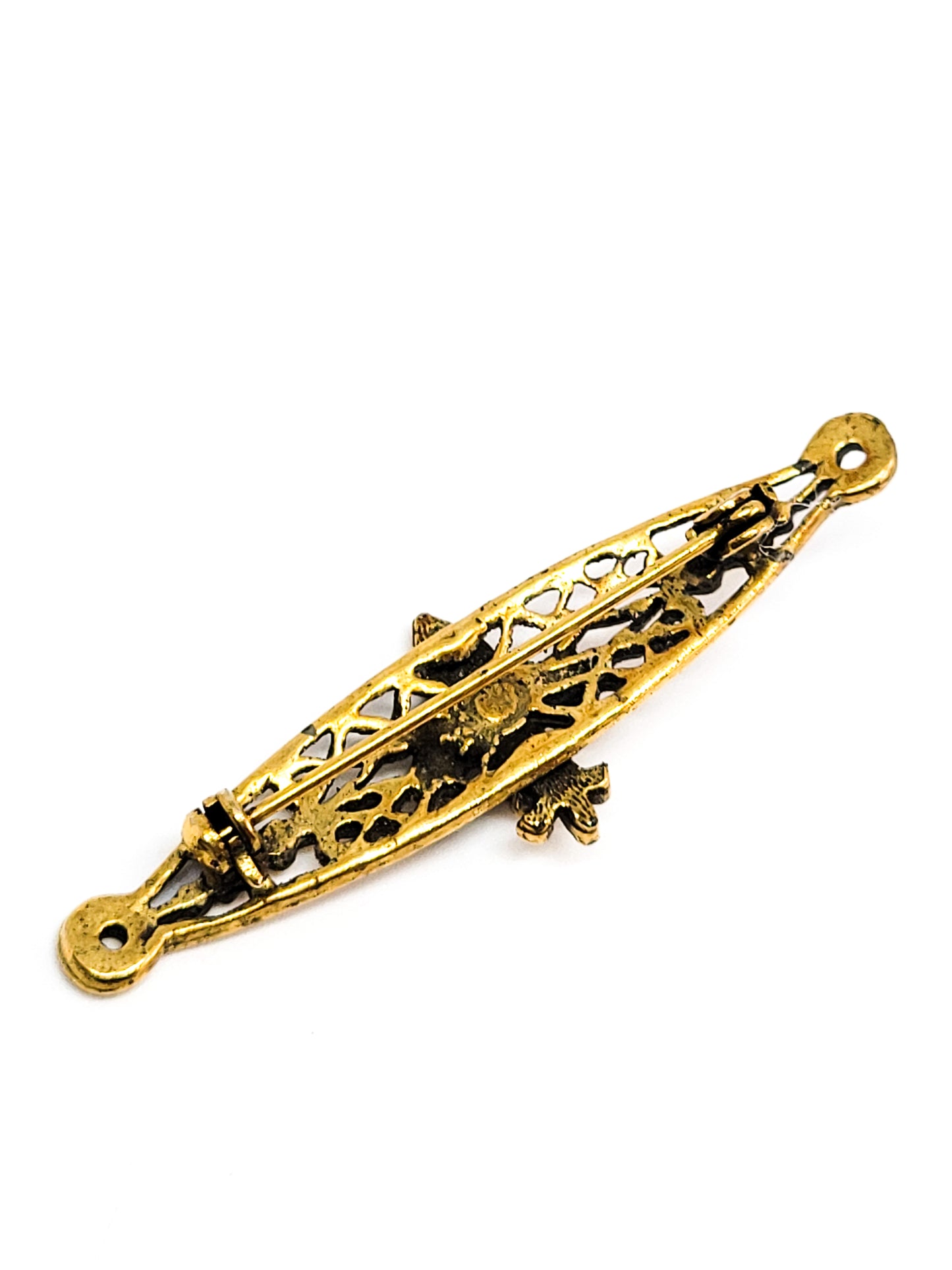 Fleur de lis vintage gold toned faux pearl and rhinestone bar pin brooch