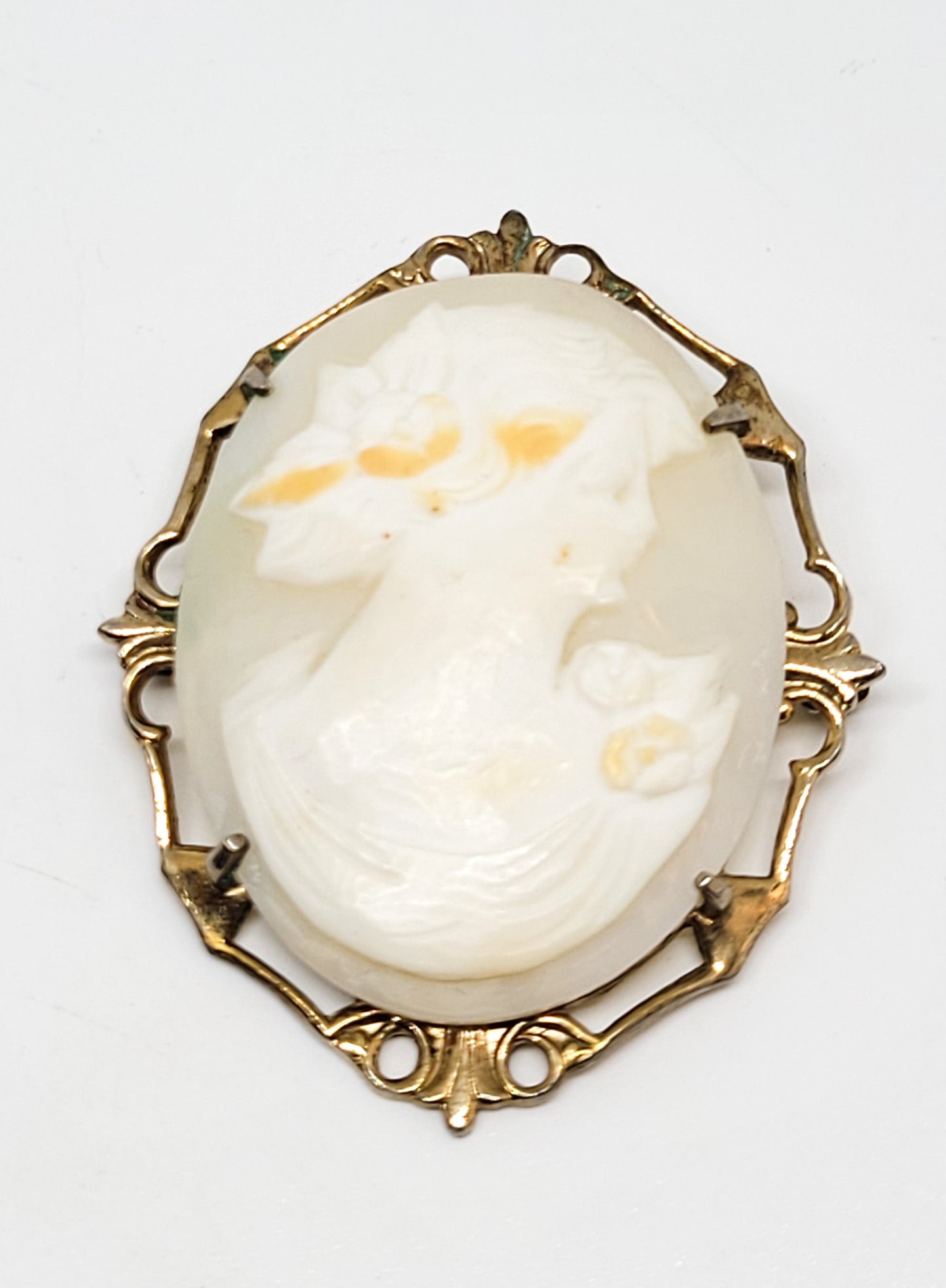 Carved Pink Shell Cameo Grecian woman 10kt gold filled vintage framed cameo brooch