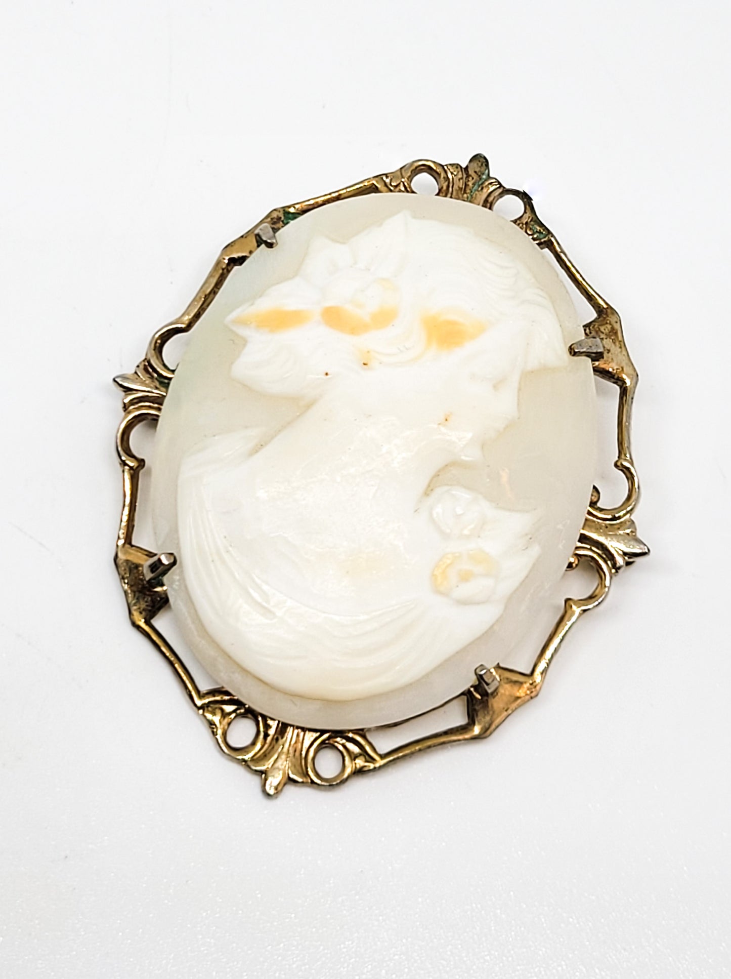 Carved Pink Shell Cameo Grecian woman 10kt gold filled vintage framed cameo brooch