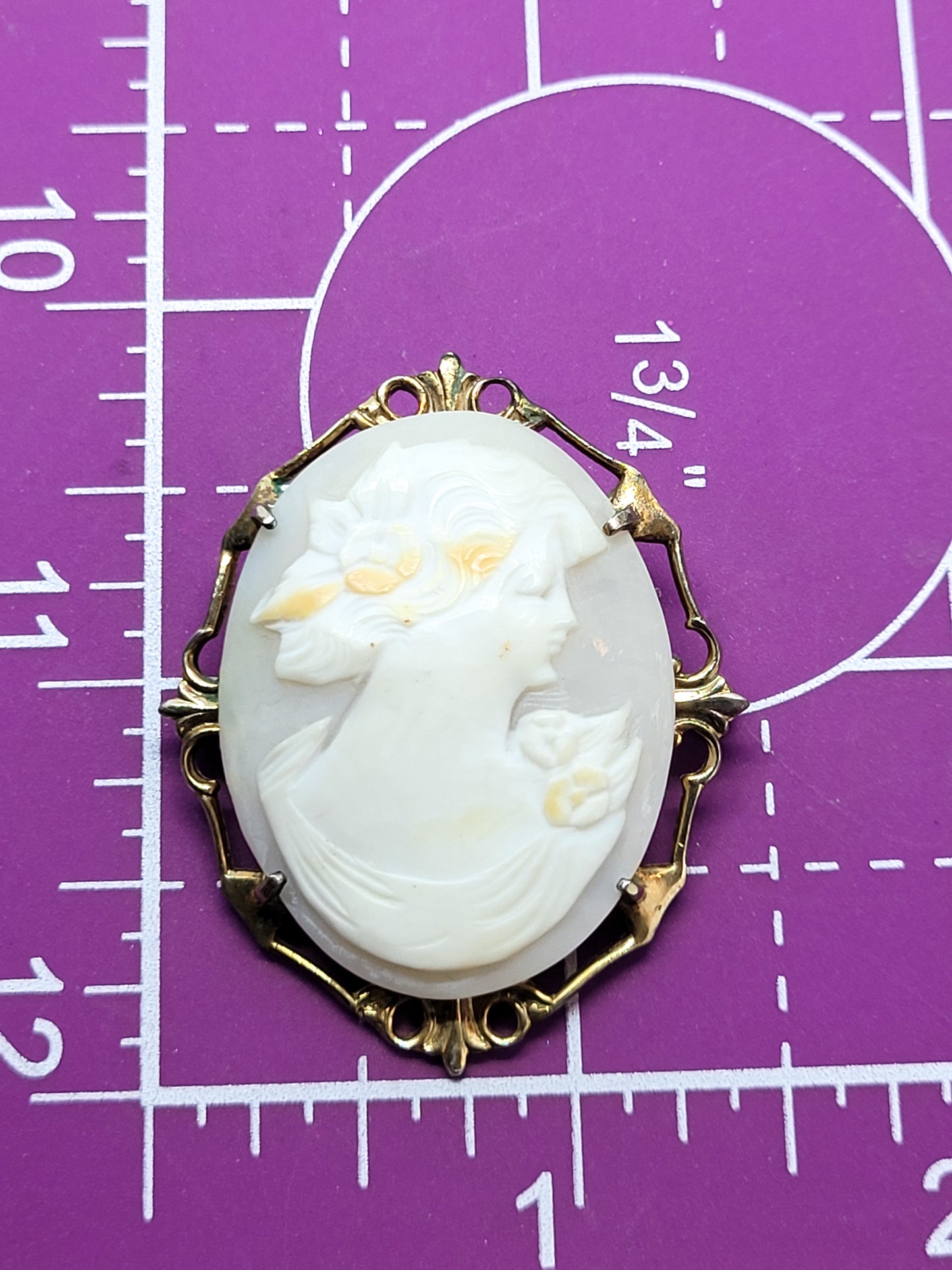 Carved Pink Shell Cameo Grecian woman 10kt gold filled vintage framed cameo brooch