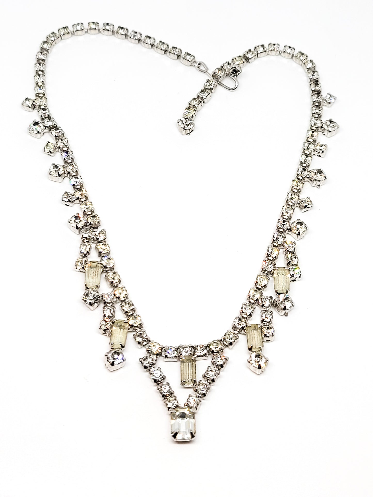 Clear rhinestone baguette large vintage bib necklacce mid century designer