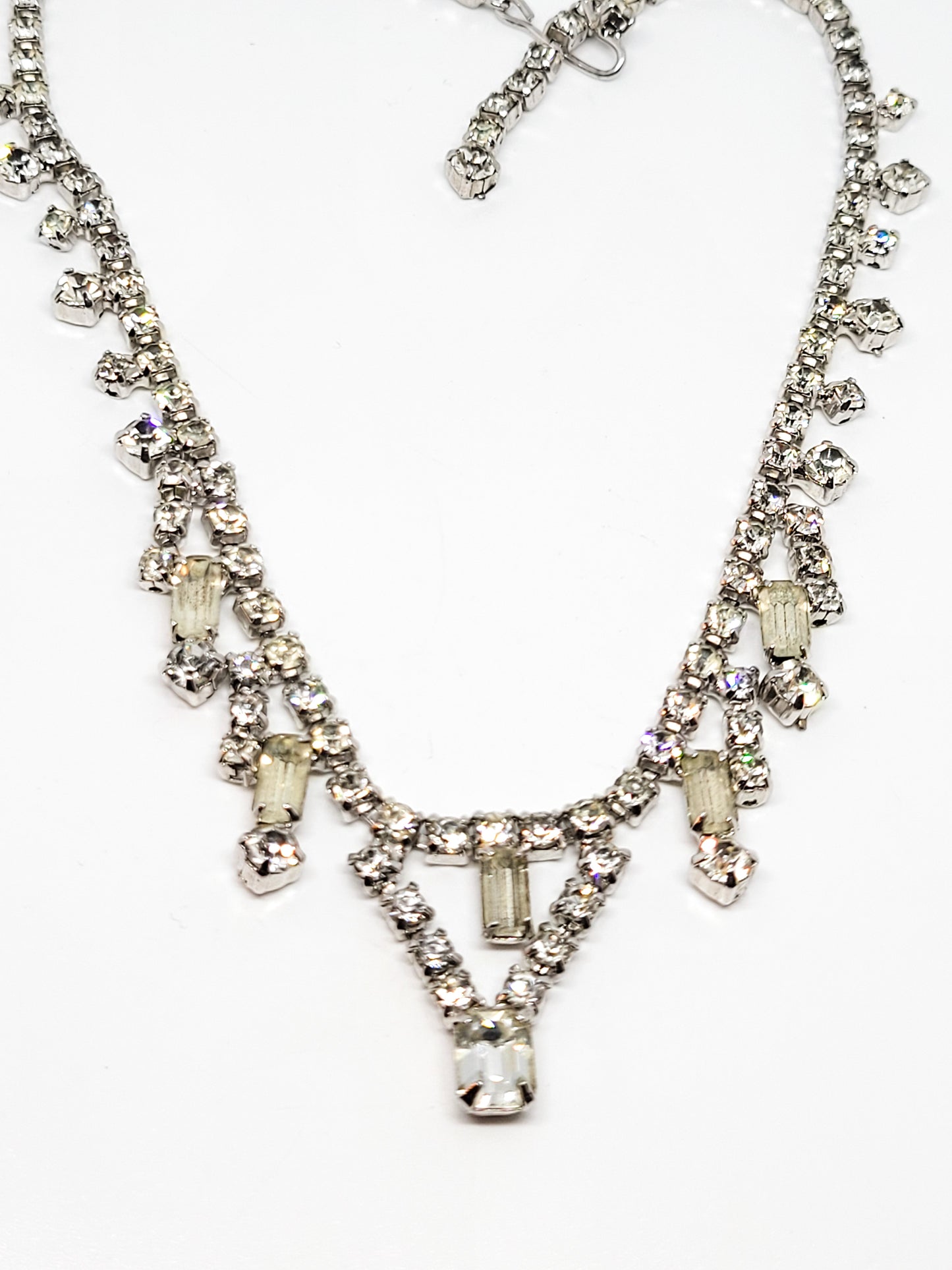 Clear rhinestone baguette large vintage bib necklacce mid century designer