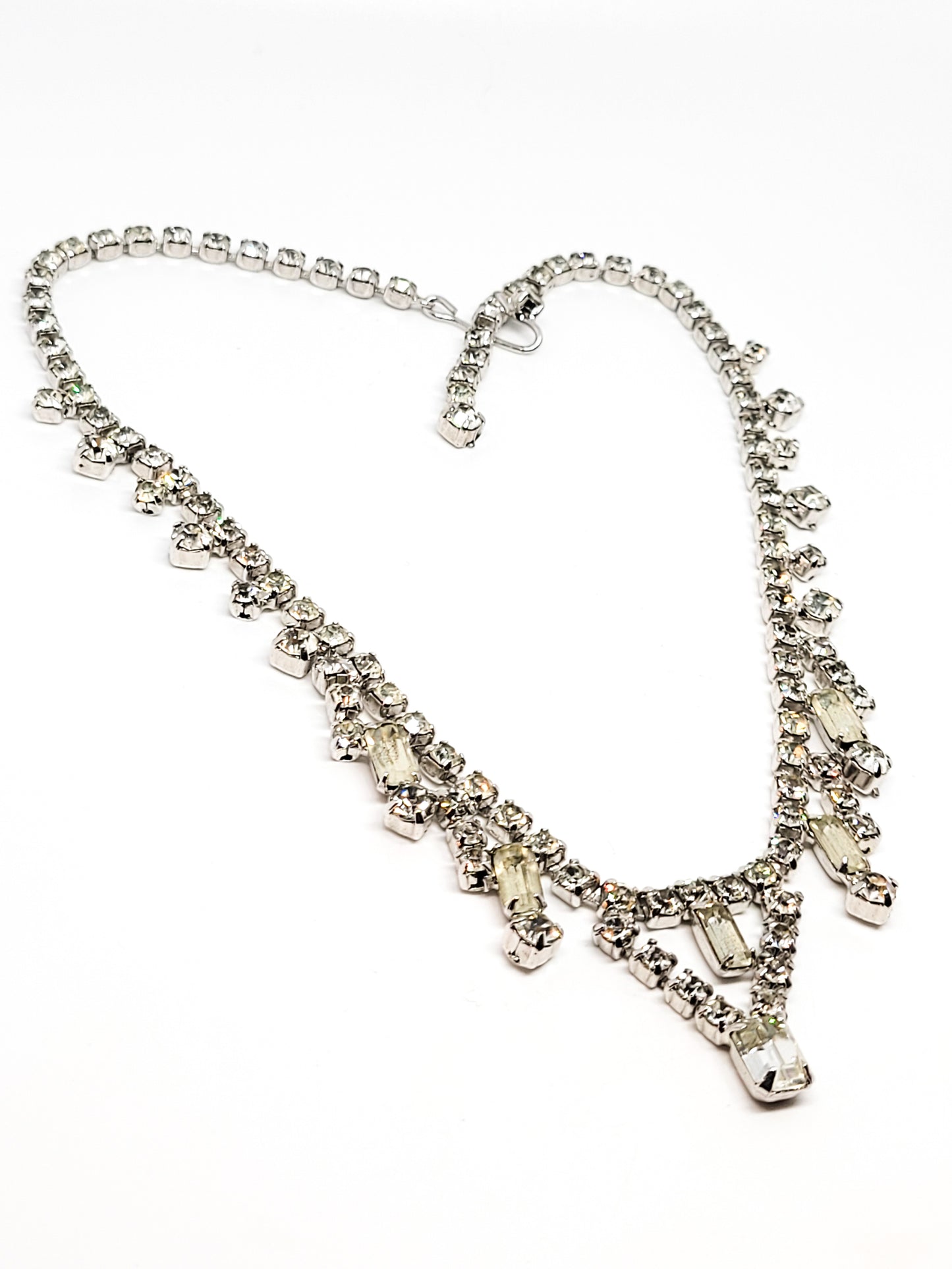 Clear rhinestone baguette large vintage bib necklacce mid century designer