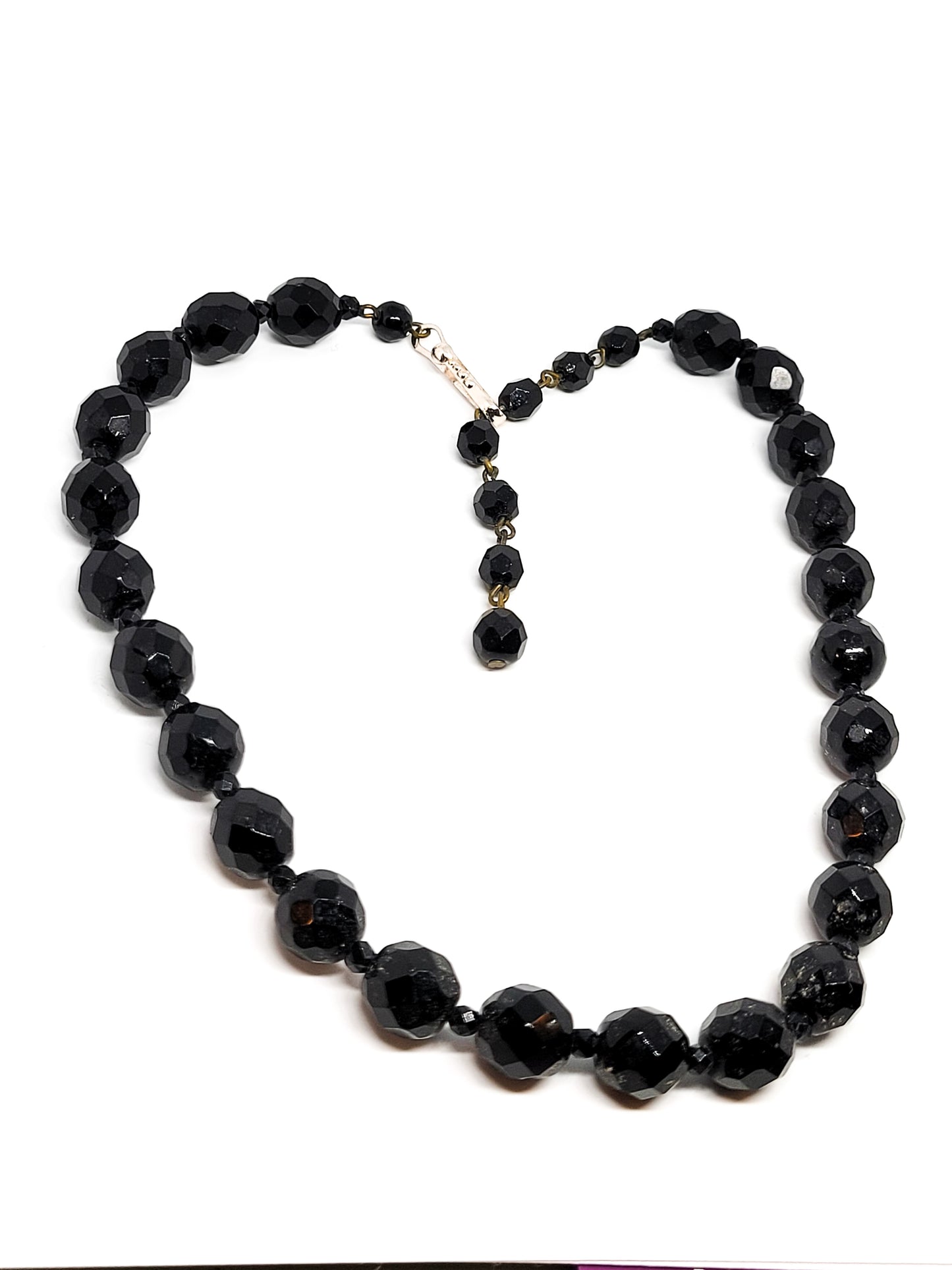 West Germany black faceted graduated beaded vintage necklace mid century